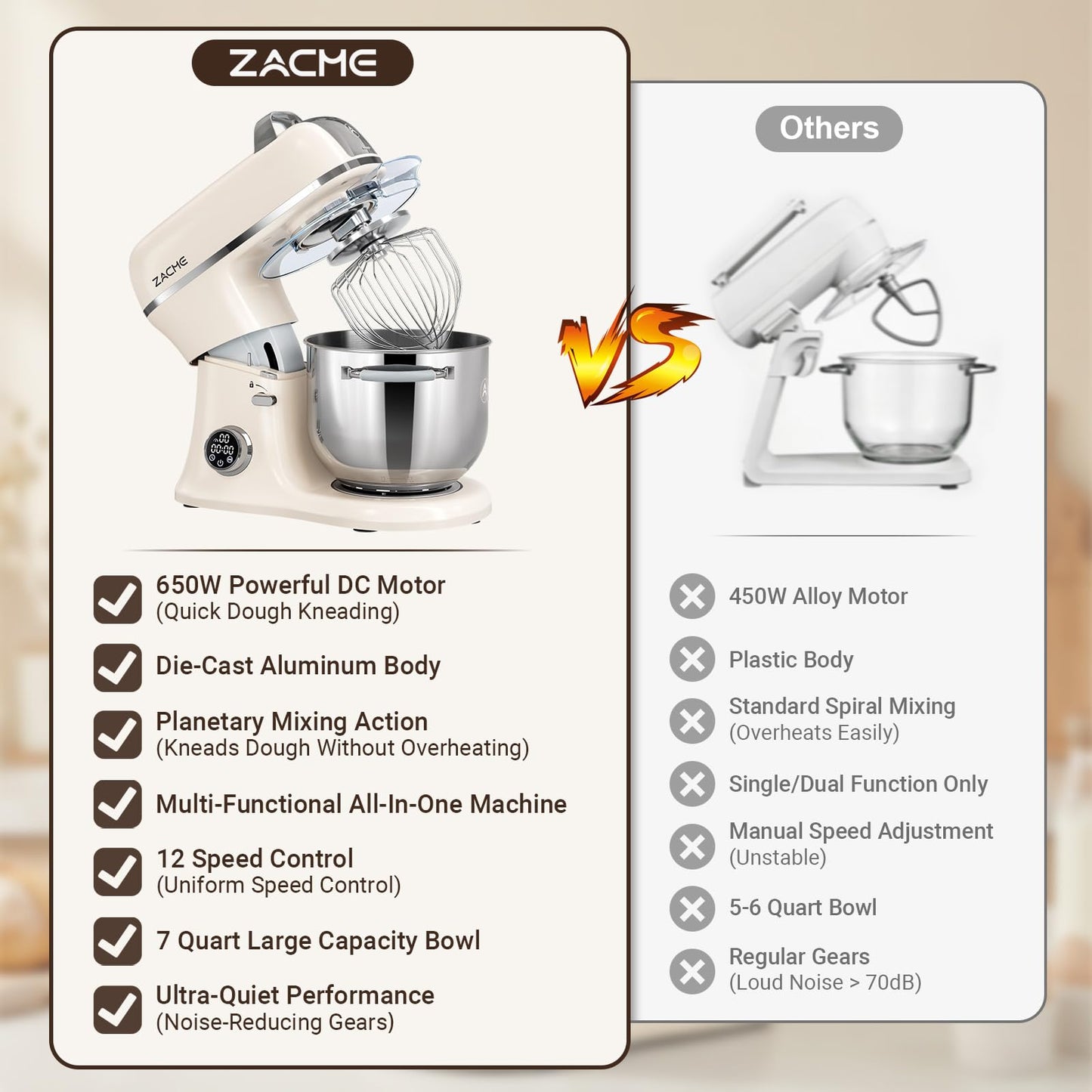 ZACME 7 Quart Stand Mixer Aluminum Die Casting, 650W 12 Speed Tilt-Head Kitchen Electric Stand Mixer, Household Food Mixer with Stainless Steel Bowl, Dough Hook, Whisk and Beater (Cream)