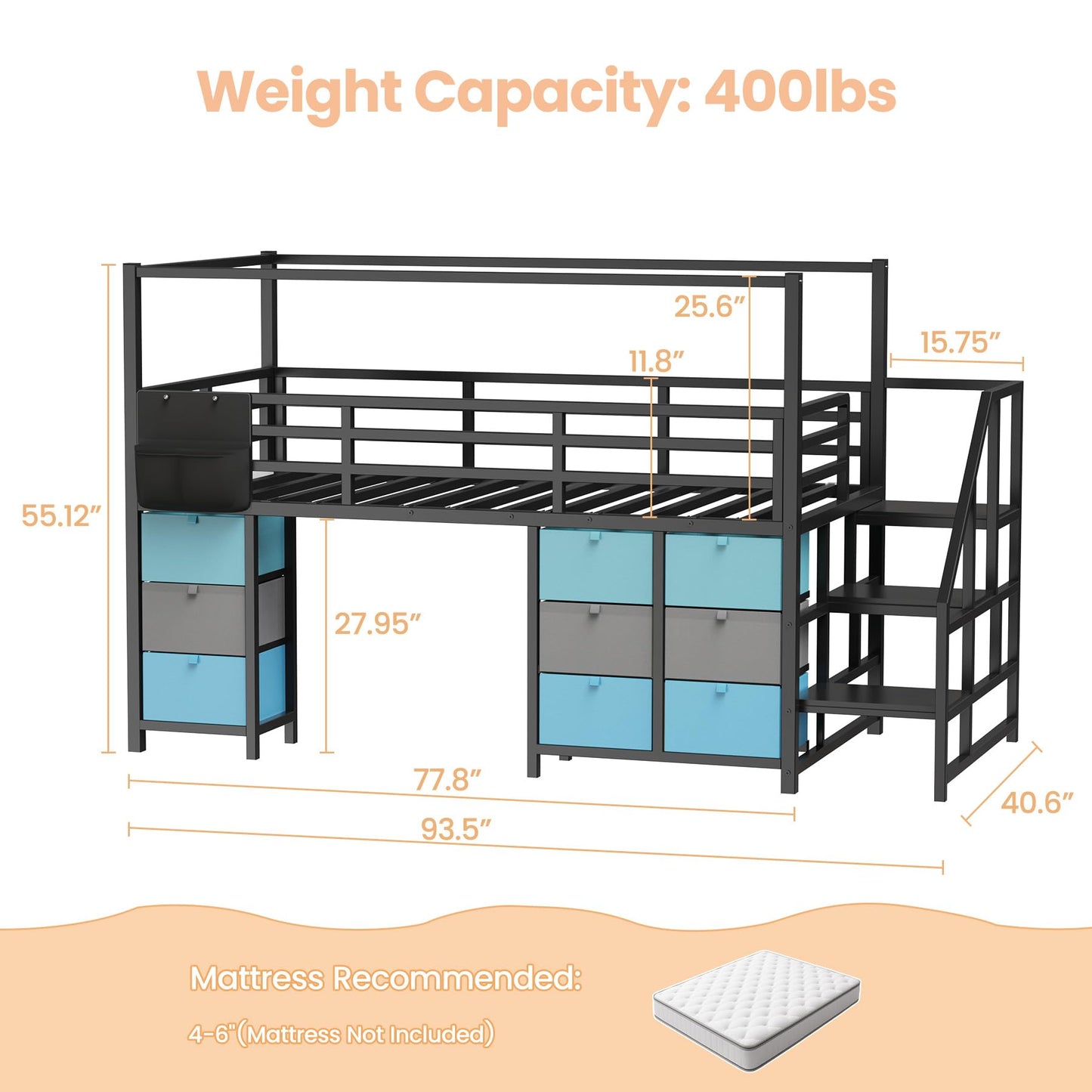 Zerduos Low Loft Bed Full Size with 9 Storage Drawers, Full Loft Bed with Stairs,Bedside Storage, Metal Full Loft Bed for Kids with 11.8" &22.5" H Safety Guardrail, Under-Bed Play Space