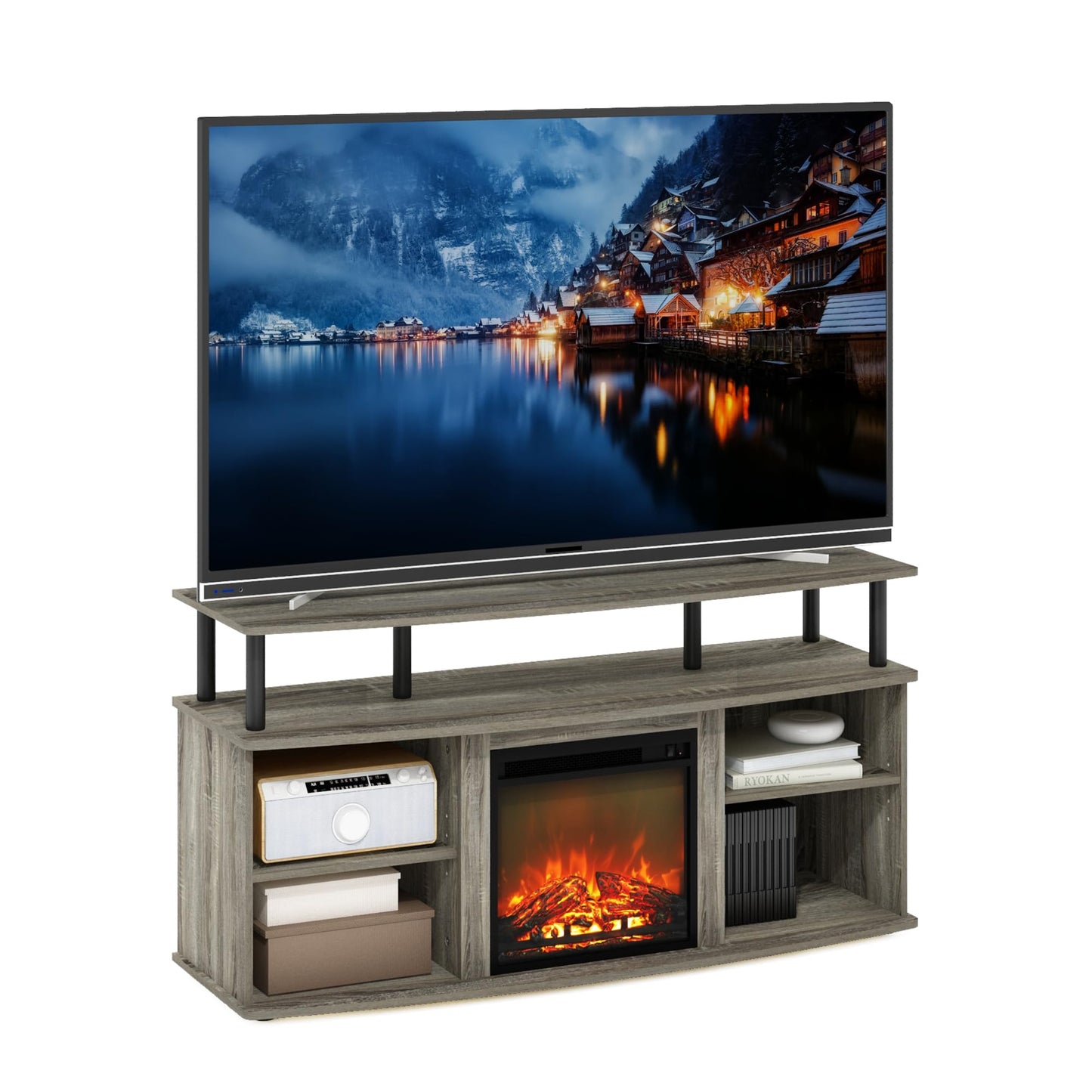 Furinno Jensen Fireplace TV Stand, Entertainment Center, TV Console for TV up to 55 Inch with Fireplace and Open Shelving Storage, for Living Room, Bedroom, French Oak Grey