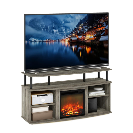 Furinno Jensen Fireplace TV Stand, Entertainment Center, TV Console for TV up to 55 Inch with Fireplace and Open Shelving Storage, for Living Room, Bedroom, French Oak Grey