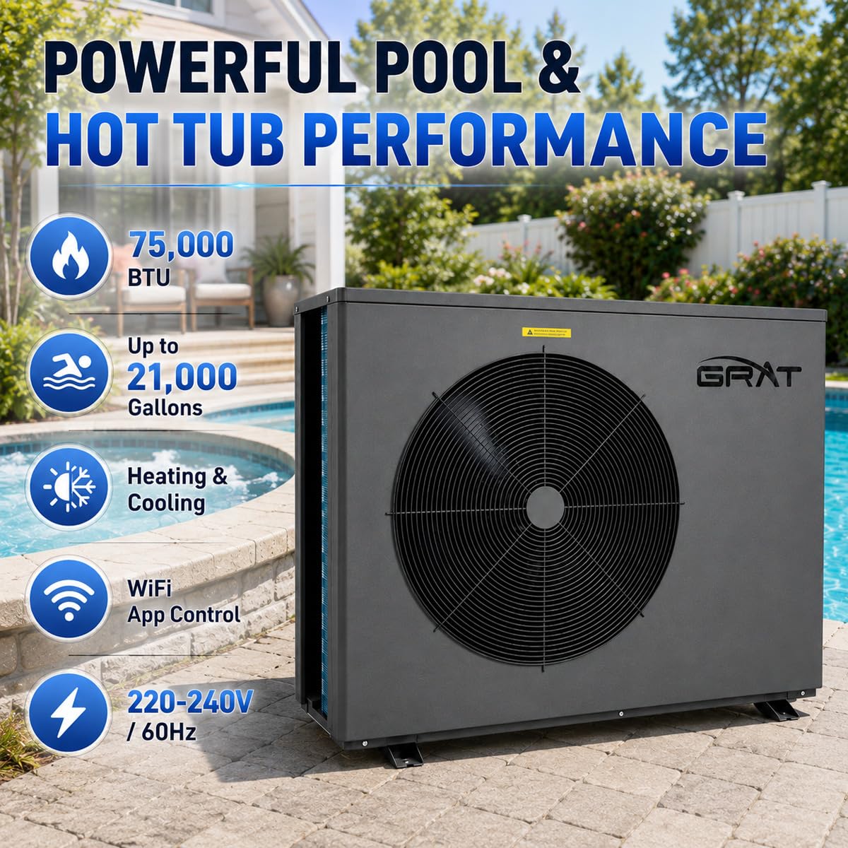 Full Inverter Heat Pump for Hot Tub and Bath, 75000 BTU Electric Swimming Pool Heater, 21,000 Gallons for Above and In ground Pools, WiFi Capable Timer, Heating and Cooling, Defrosting, 220-240V, 60Hz