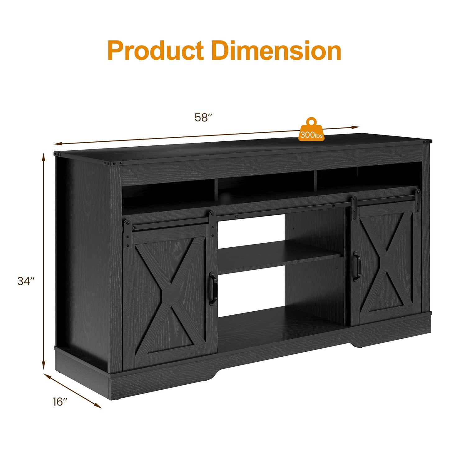RoyalCraft Farmhouse TV Stand for 65+ Inch TV, Tall Entertainment Center with Storage Cabinets and Sliding Barn Doors, Mid Century Modern Media TV Console Table for Living Room (Black)