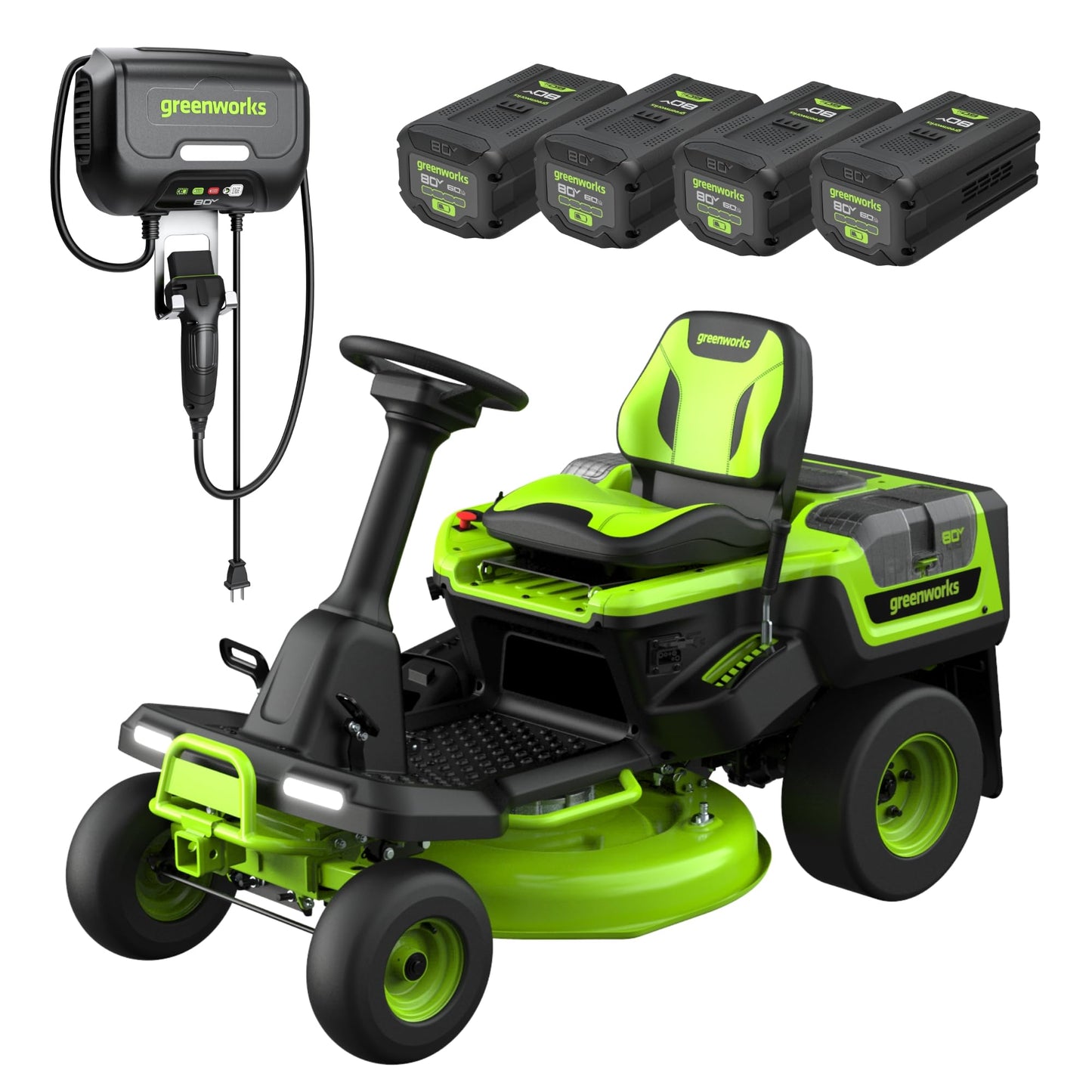 Greenworks 80V 30" Cordless Riding Lawn Tractor, (4) 6.0Ah Batteries and 600W Charger