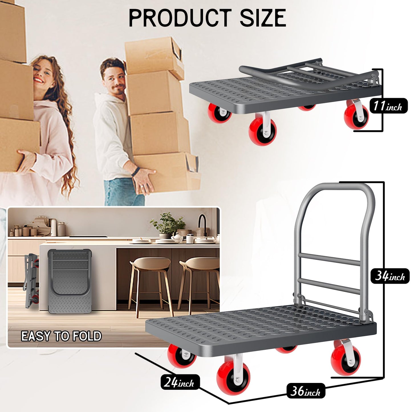 2000 lbs Heavy Duty Platform Truck, Foldable Flatbed Push Cart with 5" Silent Swivel Wheels, Folding Utility Cart for Warehouse, Garage, Office, Moving, Industrial Material Handling, 36" x 24"