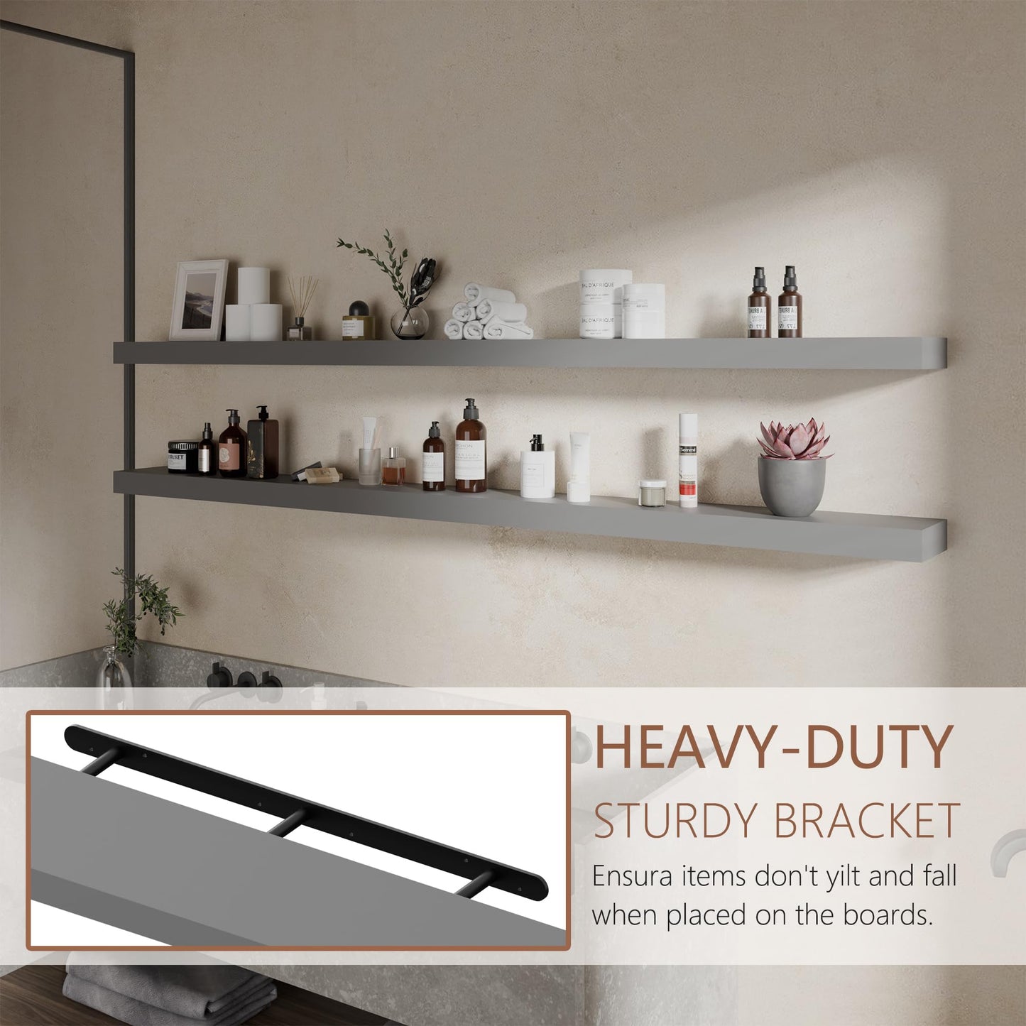 ONOTETUT 72 inch Long Floating Shelves for Wall,Solid Wood Long Shelves Set of 2,Grey Rustic Wall Mounted Shelves Large Bookshelf (Grey, 72 Inch)