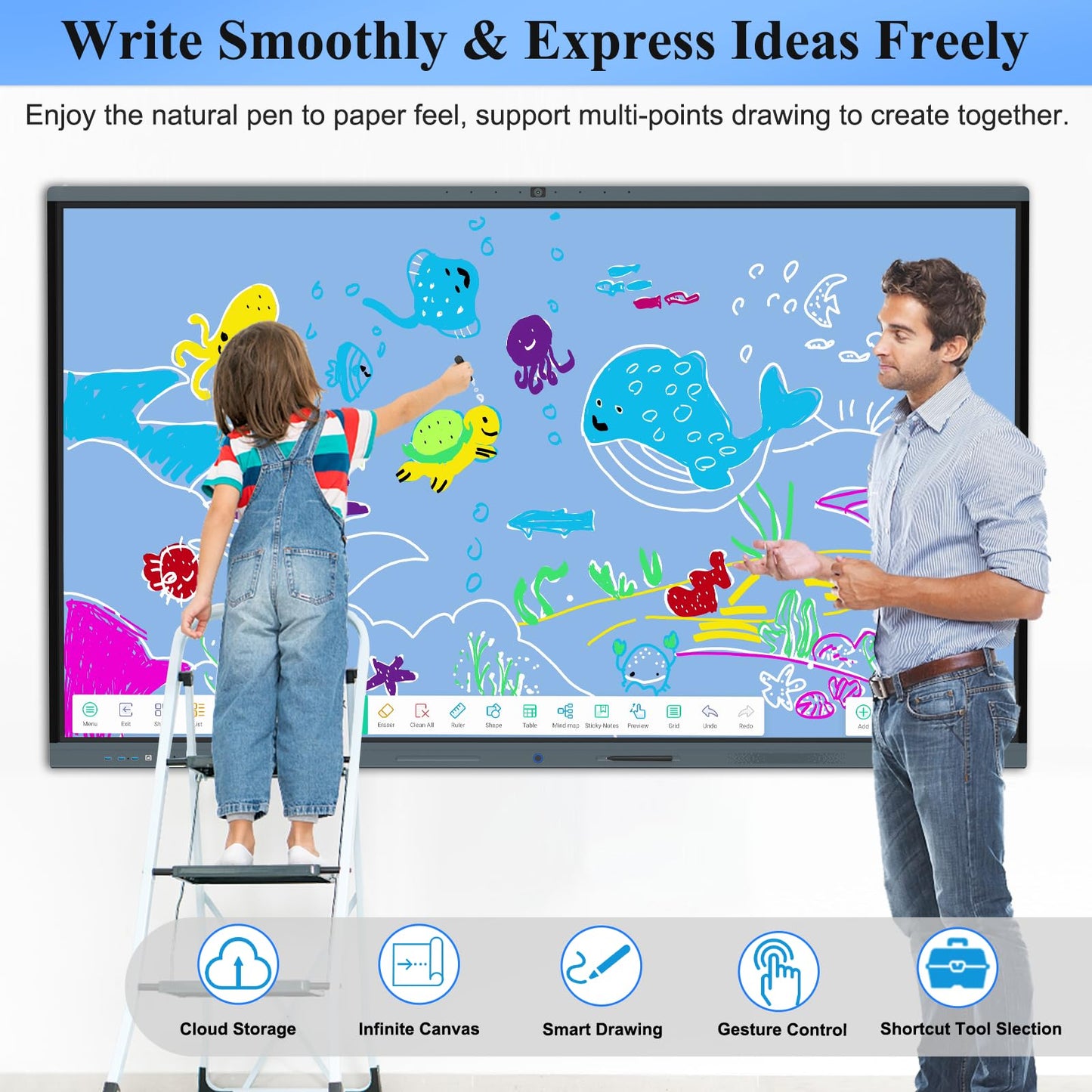 LINGHUFOX 86'' Smart Board, 4K Touch Screen Interactive Whiteboard Display, AI Camera with 8 Mics, Android 13.0 8+128G, All in One Smartboard for Classroom Office Home (Board+Wall Mount)
