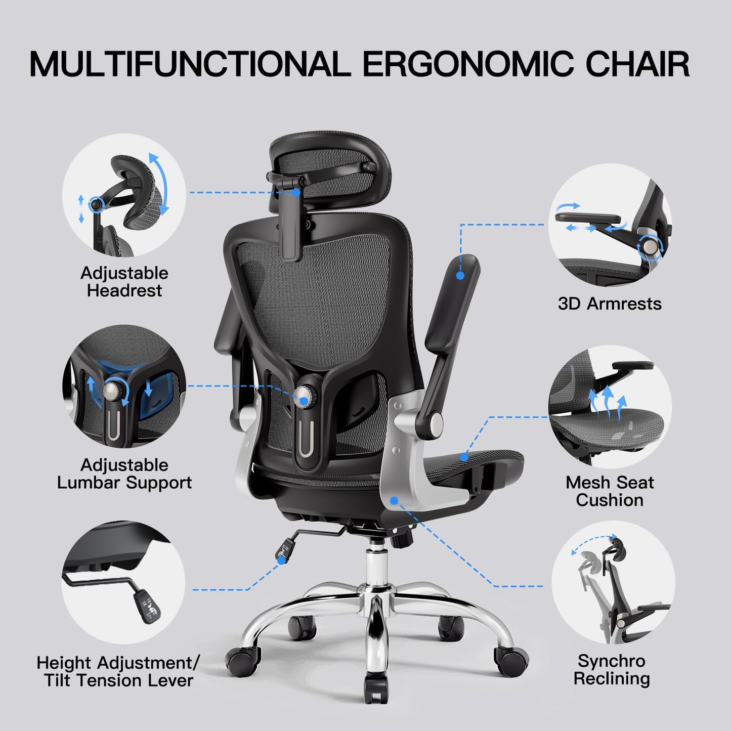 marrap Ergonomic Office Chair, Mesh Desk Chair with 3D Armrests, Adjustable Lumbar Support and Headrest, 90-120° Rocking Function, Black