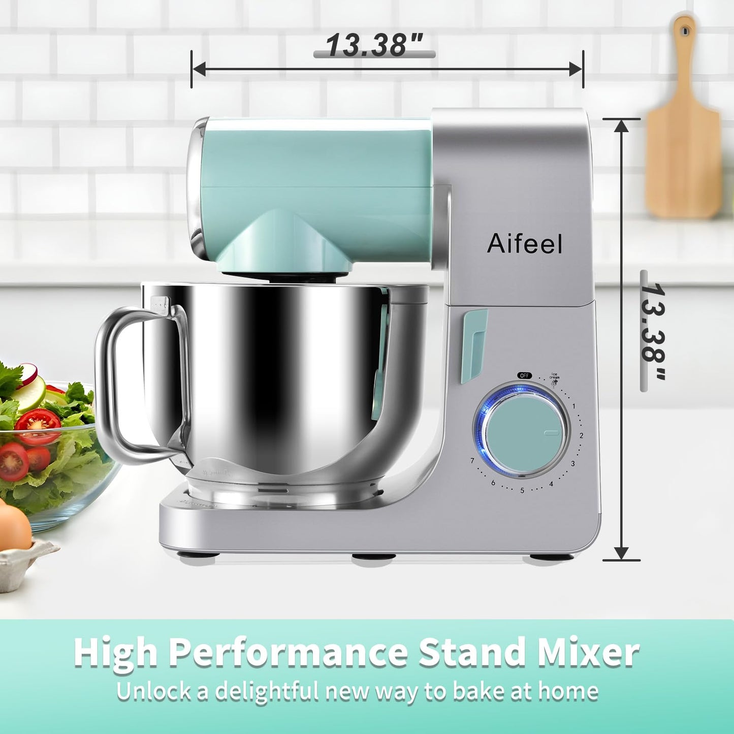 Aifeel Stand Mixer,6.5QT Tilt-Head Electric Stand Mixer,700W DC Motor with Low Noise,Kitchen Mixer with Dough Hook,Beater,Whisk,Dishwasher-Safe Attachments for Baking(Green/Silver)