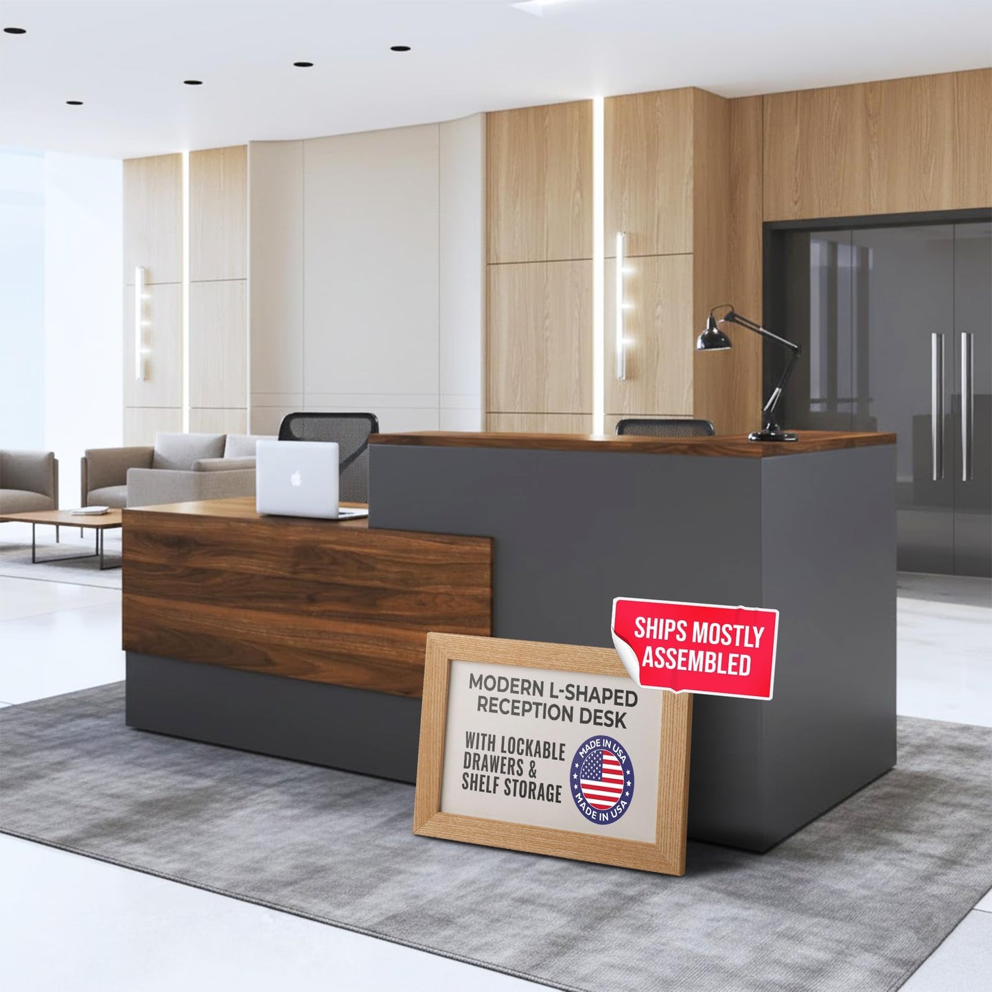 OfficeSimpli L Shaped Reception Desk, 78.5 x 40.5 x 42 Inch, Made in USA, Lockable Drawers and Shelf Storage, Front Desk for Office Lobby, Ships Mostly Assembled