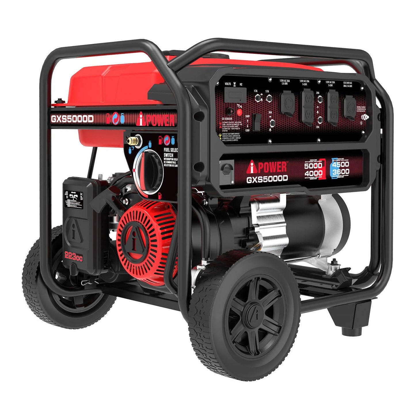 A-iPower 5000-Watt Portable Generator Gas & Propane, CO Sensor Shutdown, Heavy Duty Generators with 223cc OHV Engine for Jobsite, RV, Home Backup, Emergency (GXS5000D) Red