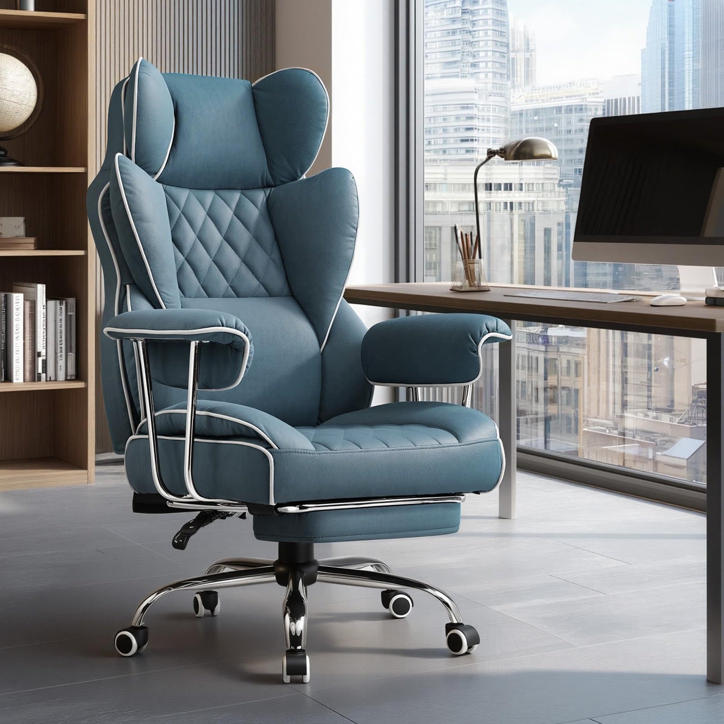 GTPLAYER Gaming Chair,Office Chair with Pocket Spring Lumbar Support, Ergonomic Comfortable Wide Office Desk Computer Chair with Outward Fixed Soft Armrests and Footrest (Fabric, Blue)