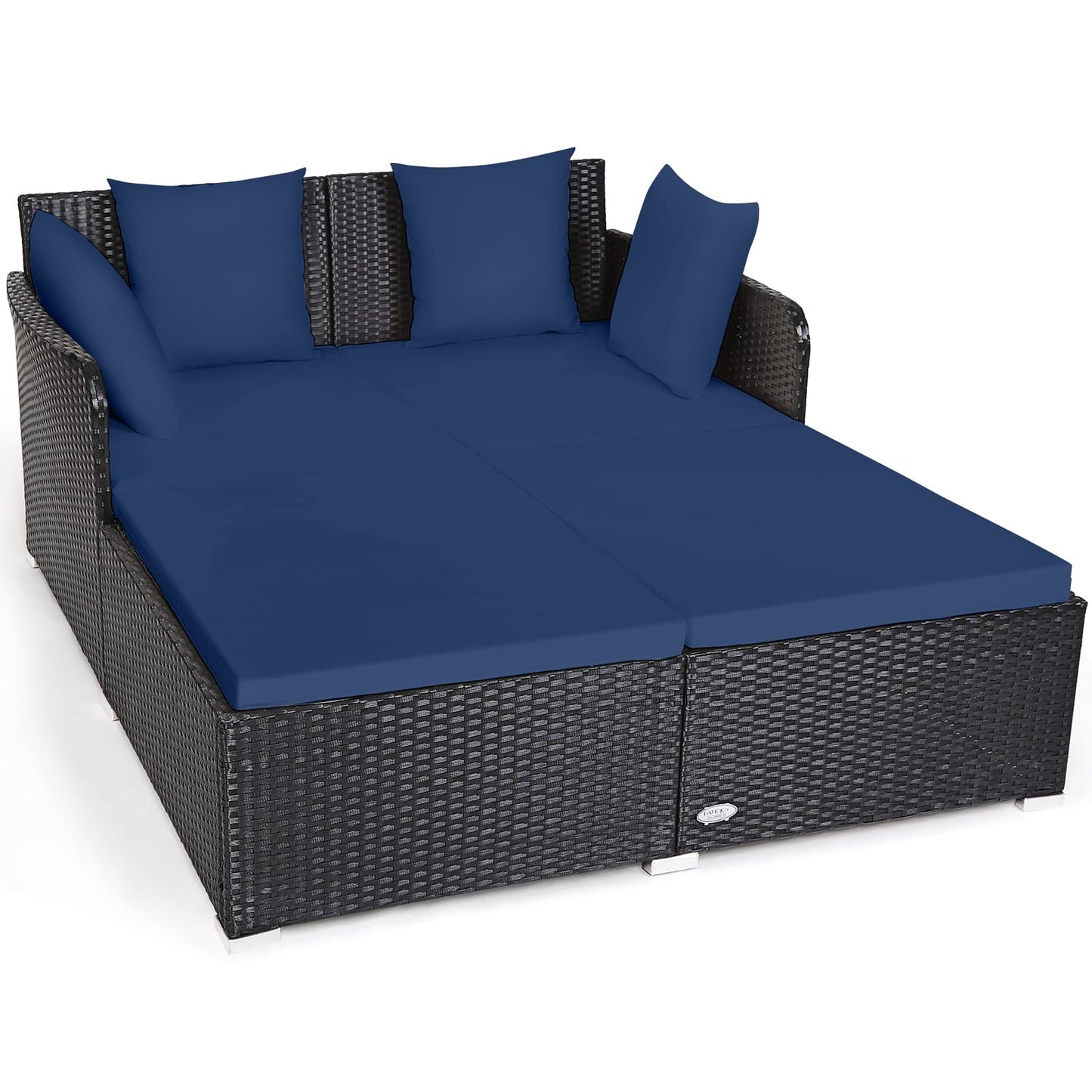Tangkula Outdoor Rattan Daybed, Sunbed Wicker Furniture w/Spacious Seat, Upholstered Cushion & High-Resilience Sponge, Wicker Patio Sofa Set w/Extra Pillows for Courtyard Poolside (Navy)
