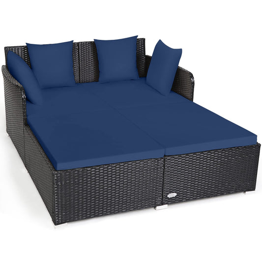 Tangkula Outdoor Rattan Daybed, Sunbed Wicker Furniture w/Spacious Seat, Upholstered Cushion & High-Resilience Sponge, Wicker Patio Sofa Set w/Extra Pillows for Courtyard Poolside (Navy)