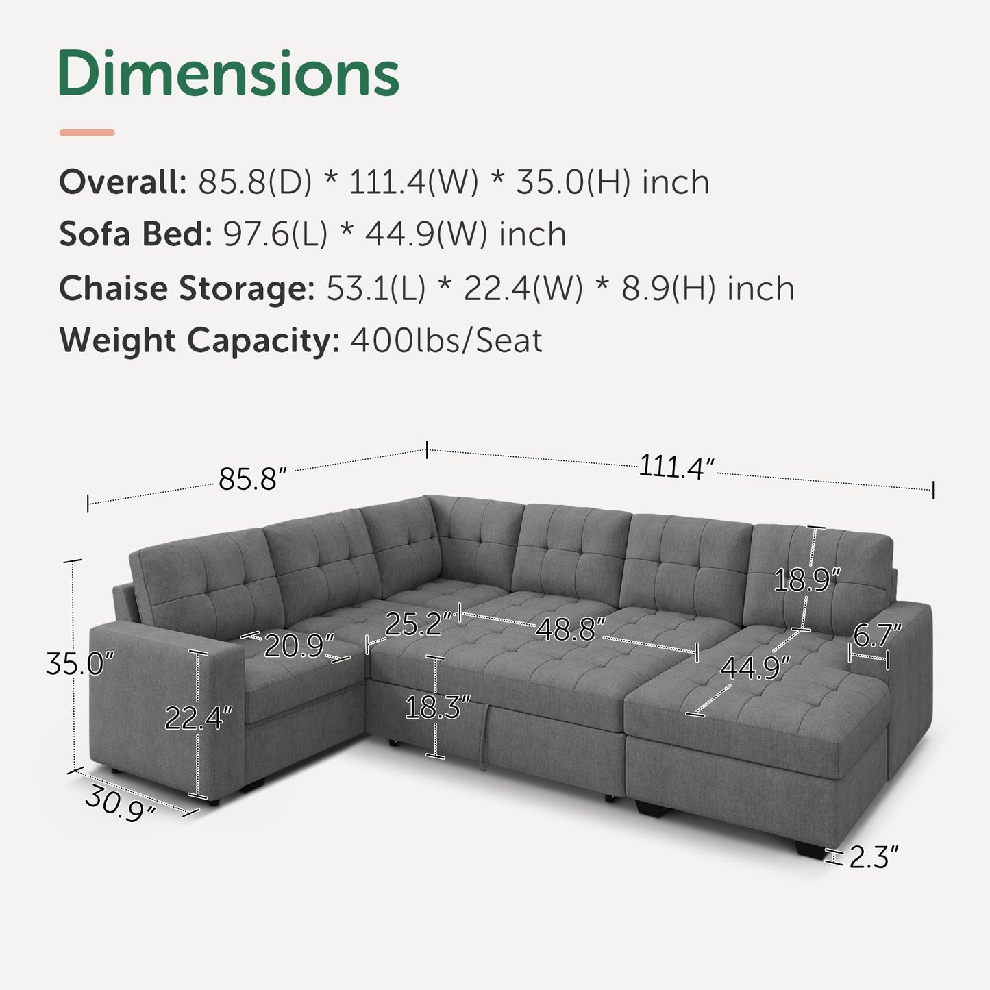 HONBAY Sleeper Sofa Bed with Storage Chaise, Sectional Couch with Pull Out Bed, U Shaped Sectional Sleeper Sofa Couch, Grey