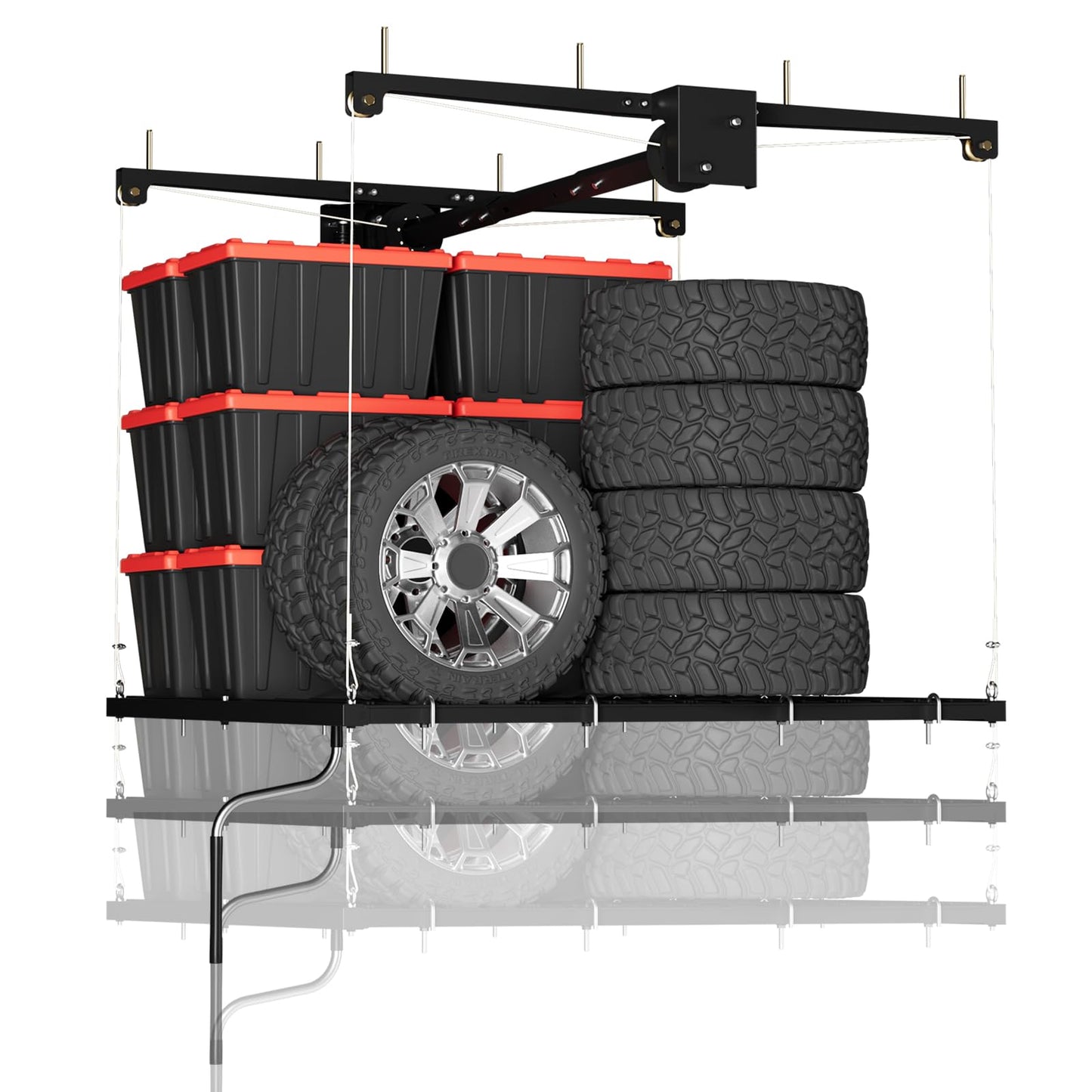 Overhead Garage Lifting Storage Rack, Maximize Your Garage Storage with Our 4x4 Ft Heavy-Duty Ceiling Storage Rack System, Supports 350 lbs, Adjustable & Easy to Install (Black 4x4 ft)
