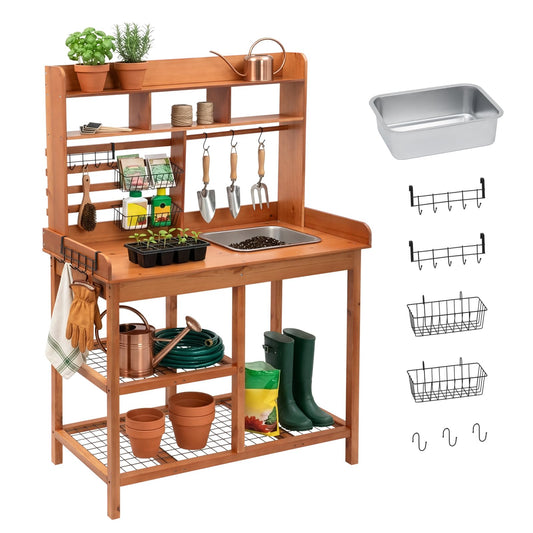 OOOK Potting Bench, Nordic Scots Pine Potting Table, Removable Sink, Workstation for Outside Patio Lawn, Wooden Garden Work Station