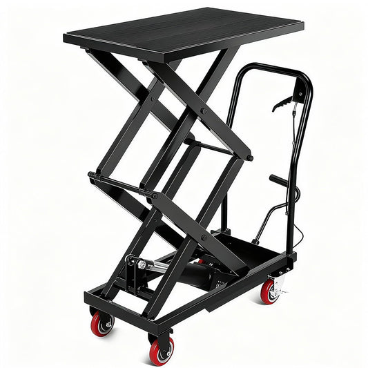 770 Lbs Heavy Duty Hydraulic Scissor Lift Table Cart – Manual Double Scissor Lift, 50" Max Lifting Height, Locking Swivel Casters, Non-Slip Platform, Mobile Material Handling for Warehouse, Garage