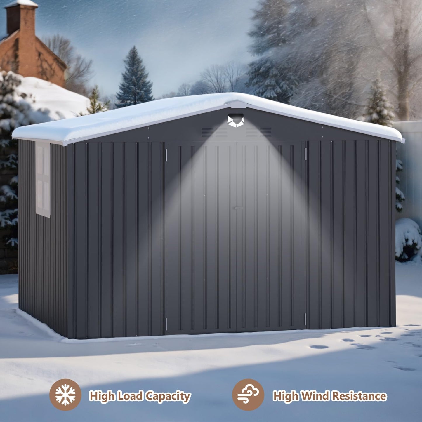 Benass 10X8 FT Outdoor Storage Shed, Metal Garden Shed - Tool Storage Sheds with Lockable Doors & 1 Clear Window, Waterproof Outside Storage Building for Backyard, Patio (Black; Floor Not Included)