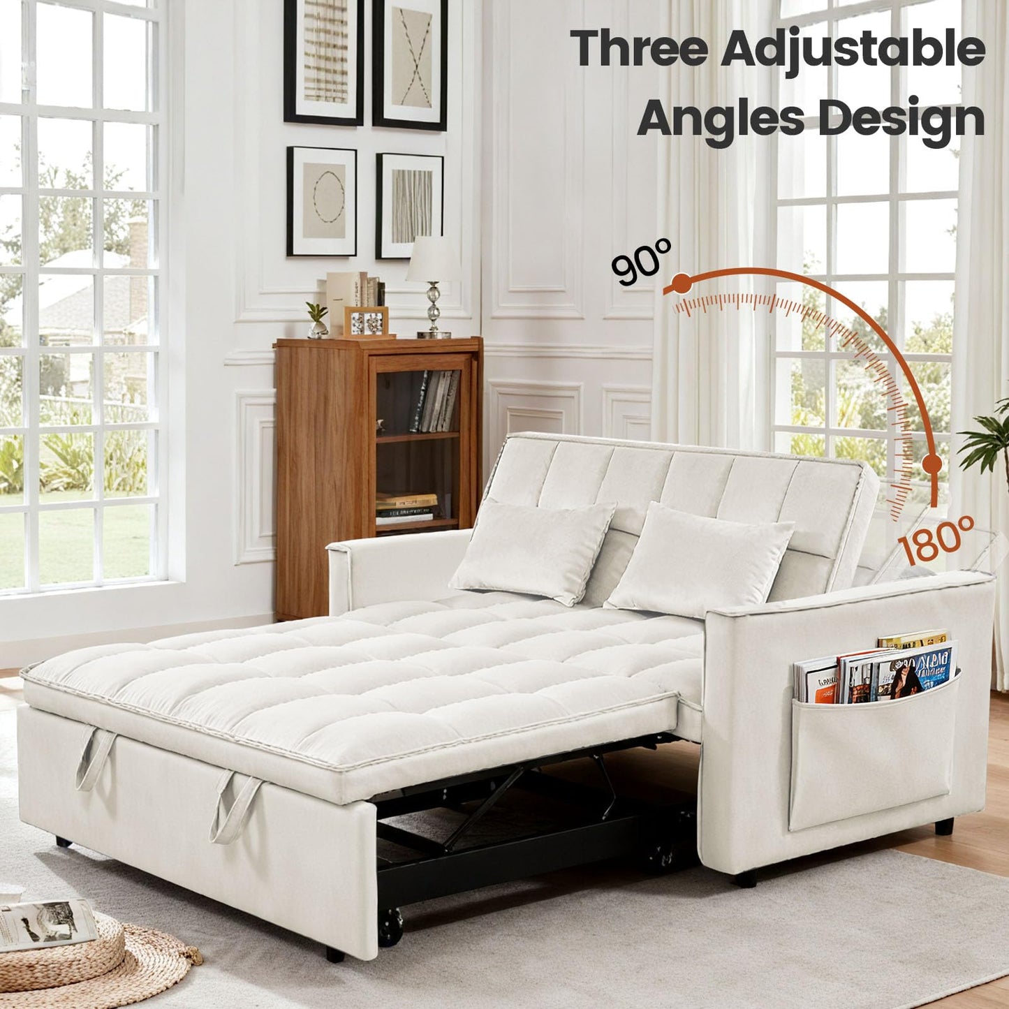 Trygoal 3 in 1 Convertible Sofa Bed, Loveseat Sleeper Sofa with Large Side Pockets, Pull Out Couch with Adjustable Backrest, Easy Assembly, Velvet Couch Bed for Small Spaces, Apartment, White