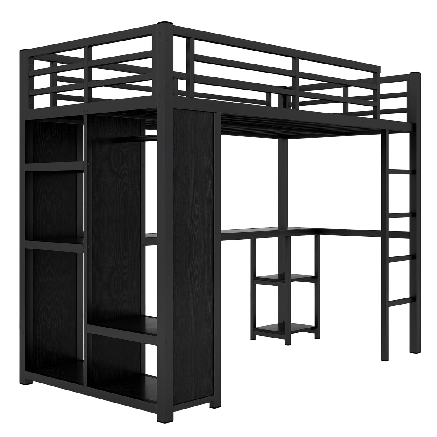 Twin XL Loft Bed with Desk and Storage Shelves, Twin XL Loft Bed with Wardrobe and Hanging Rod, Game Loft Bed with Guardrail and Ladder(Twin XL Balck)