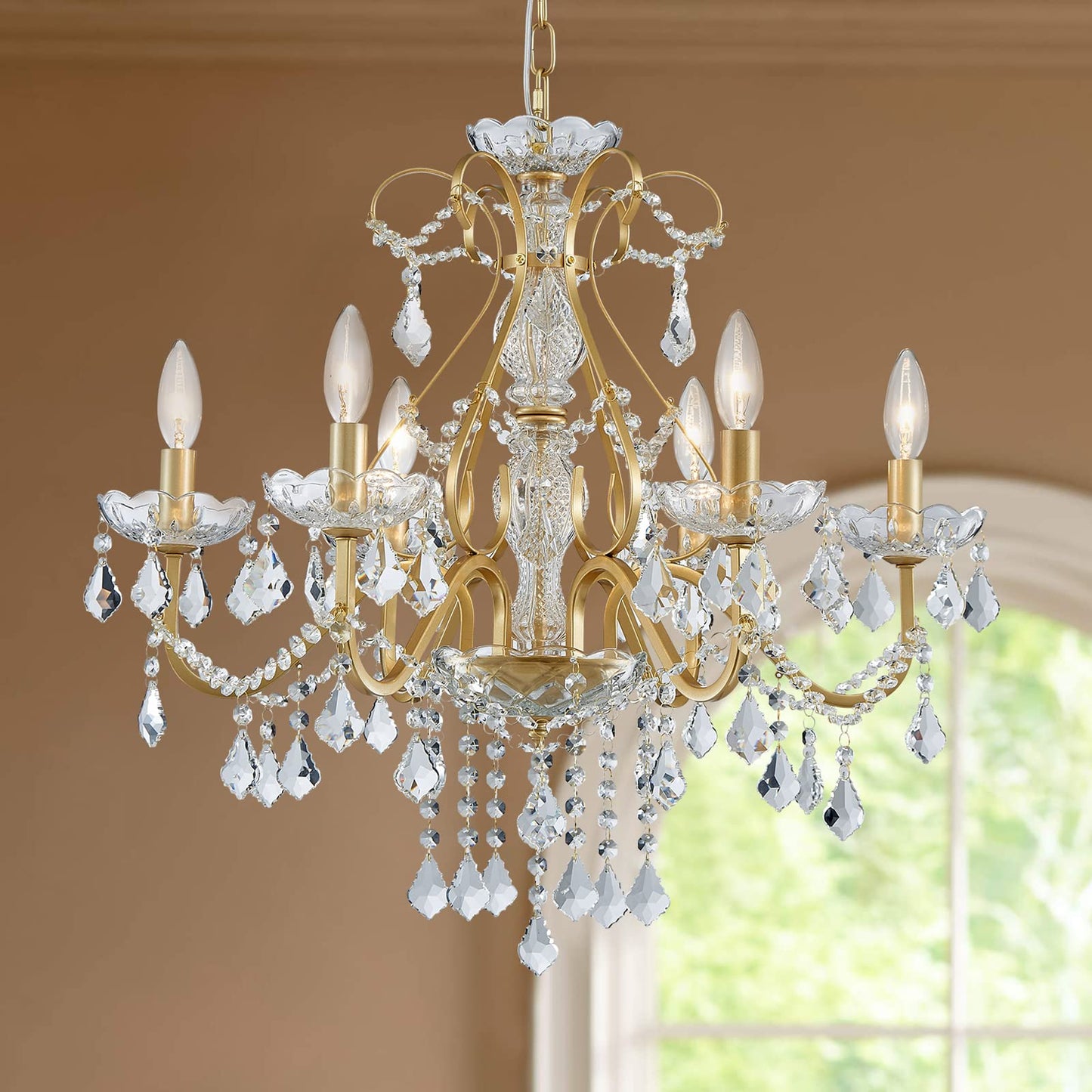 Bestier Gold Vintage Candle Chandelier Lighting Fixture for Dining Room, 6 E12 Bulbs Required, D24in x H26in