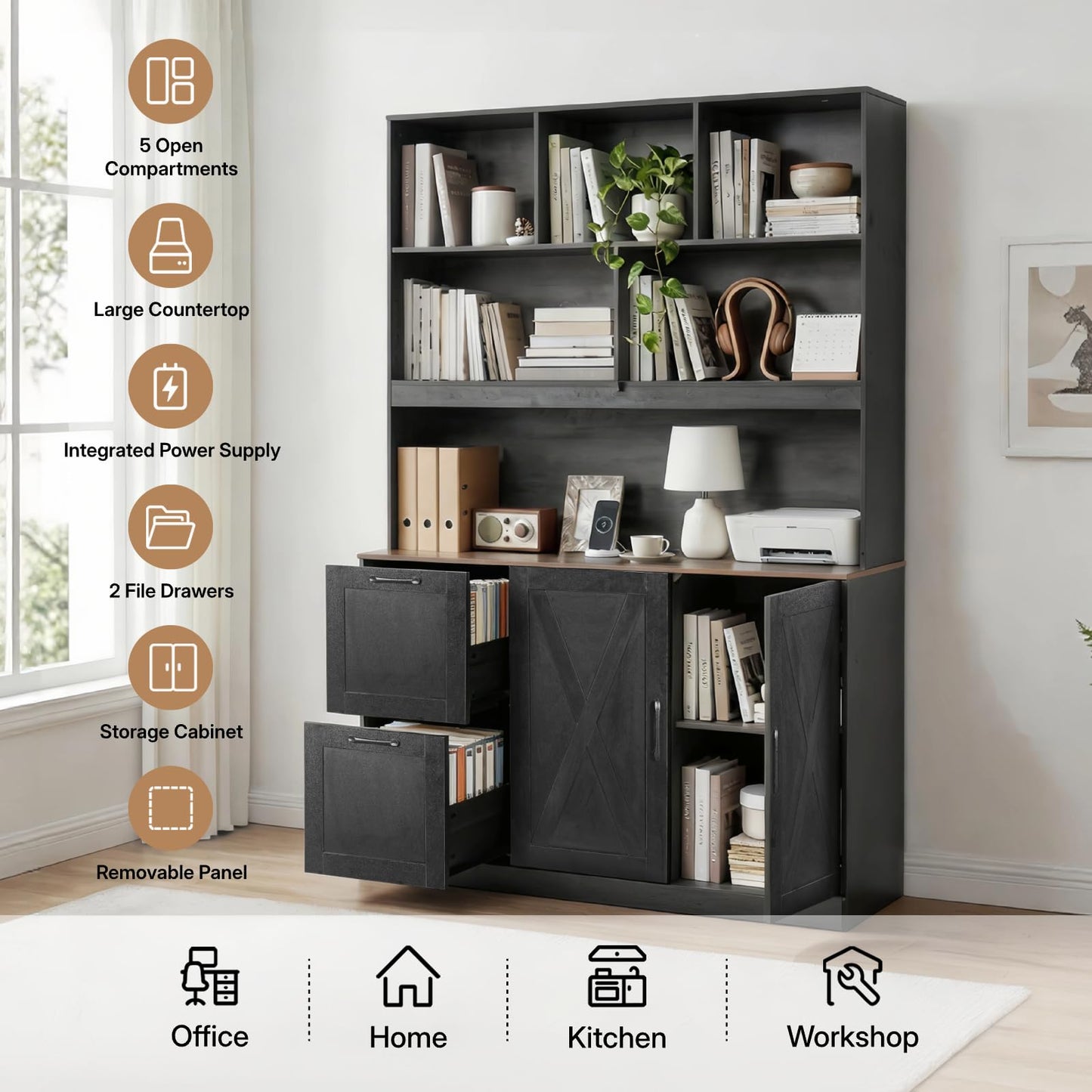 NORTHSKY 72'' Tall Bookshelf with Power Outlet, 2 Drawer File Cabinet for A4 Hanging Files, 3-Tier Open Shelves & Closed Storage Cabinets, Multifunctional Printer Stand - Black