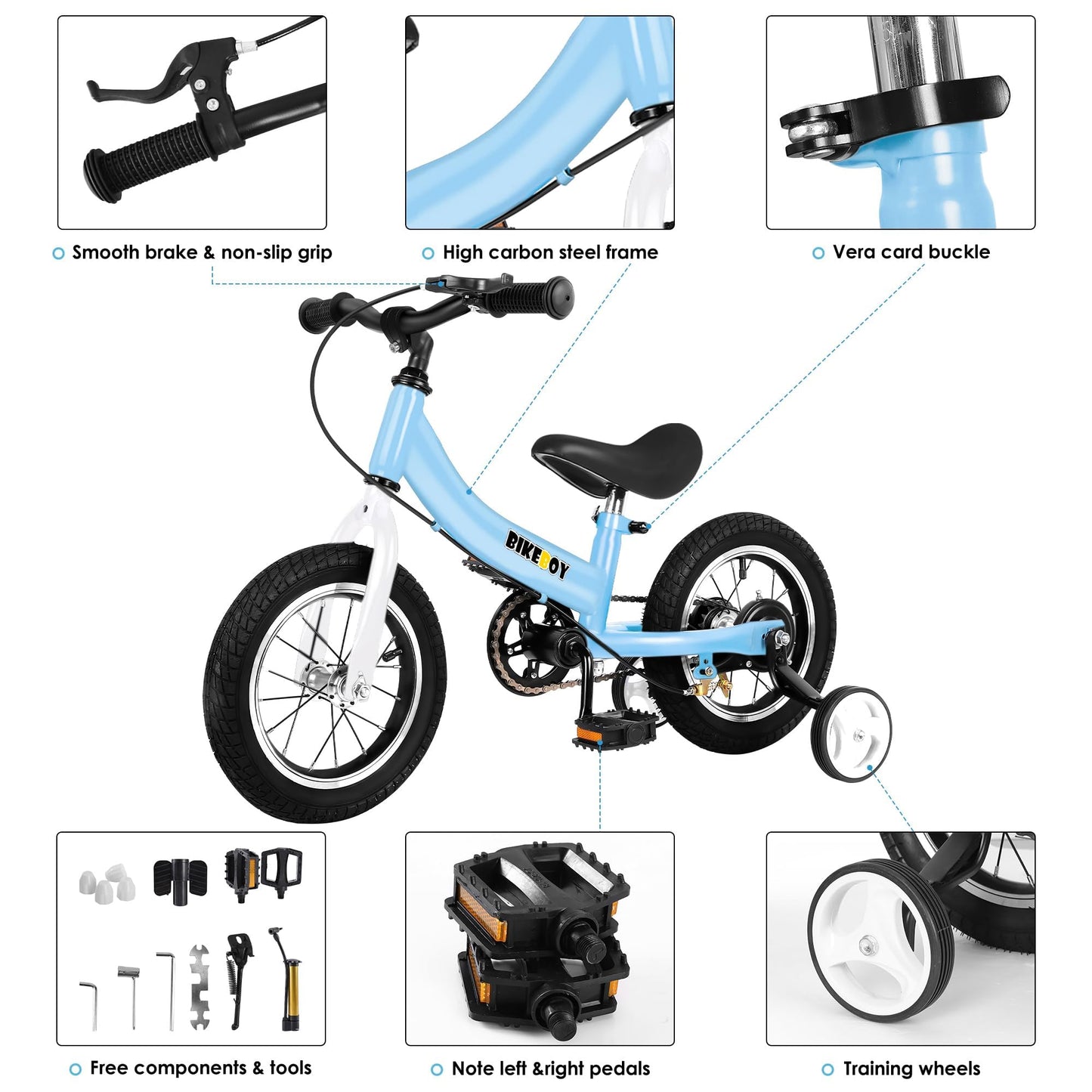 bikeboy Balance Bike 3 in 1,The Dual Use of a Kids Balance Bike and Toddler Bike, for 2 3 4 5 6 7 Years Old -12 14 16 Inches with Training Theory, Brake, Pedal