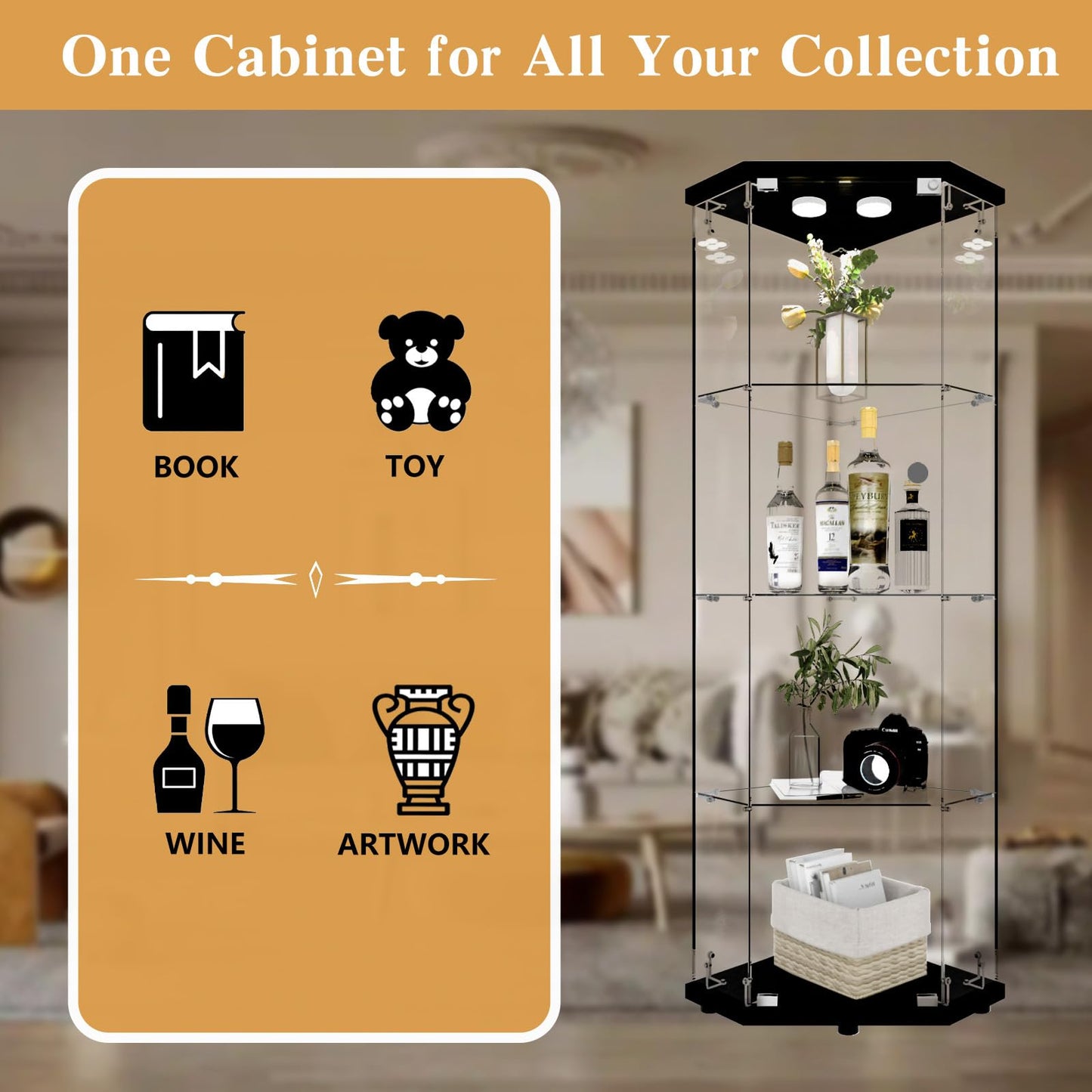 Beauty4U Glass Display Corner Cabinet with Light, 4 Shelves, Curio Cabinets for Living Room, Bedroom, Office, Black Floor Standing Glass Bookshelf, Quick Installation