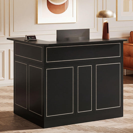 Tribesigns L-Shaped Reception Desk, Modern Black Front Counter with 2-Tier Storage & Stemware Rack, Elegant Office Reception Desk for Lobby, Business Area