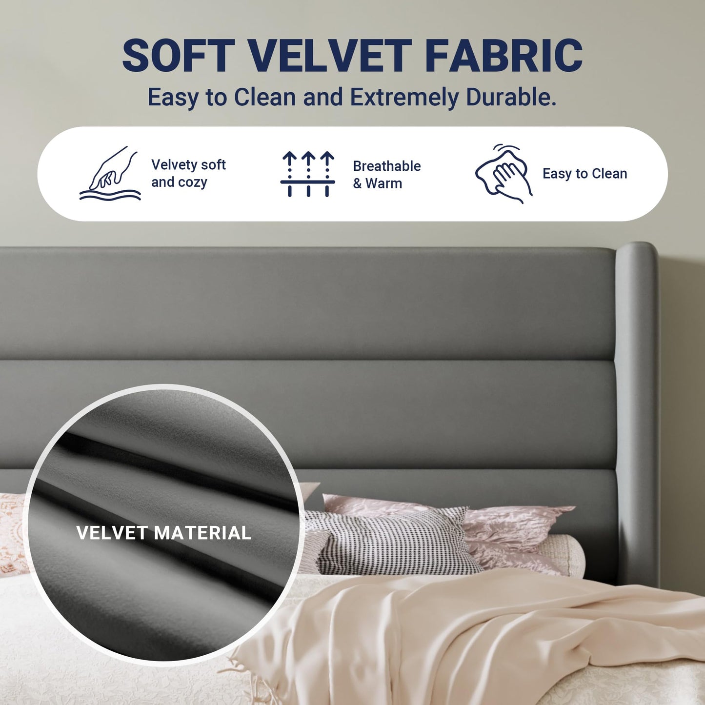 Allewie King Size Platform Bed Frame with Velvet Upholstered Wingback Headboard, No Box Spring Needed, Under Bed Storage Space, Strong Wooden Slats, Modern Mattress Foundation, Easy Assembly, Grey