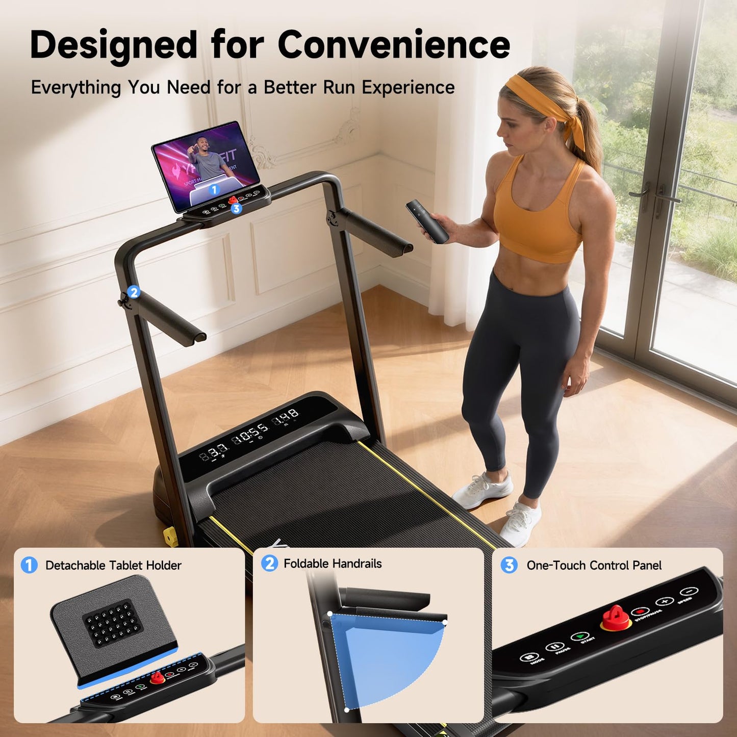 2.5HP Treadmill with Safety Side Handrails and 3 Incline Levels, Smart Fitness Equipment with APP & LED Display & Remote Control for Display for Home Office
