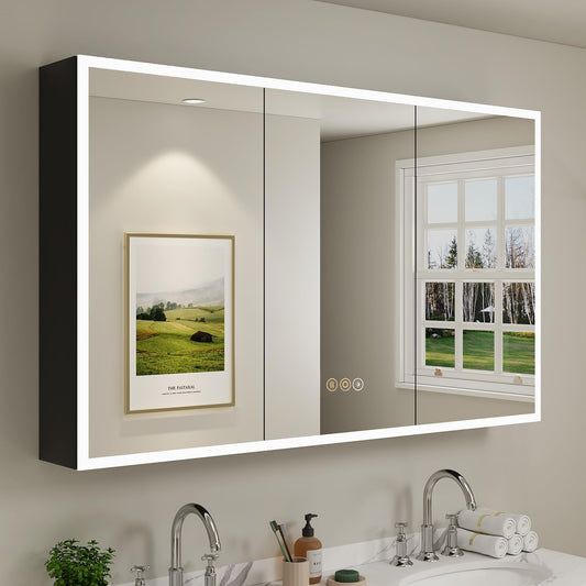 Buruis 60 x 32 Inch Medicine Cabinet with LED Lights and Mirror, Recessed/Wall Mounted Bathroom Cabinet, 3-Color Light, Defogger, Memory Function, Outlet & USB, Dimmer, Black