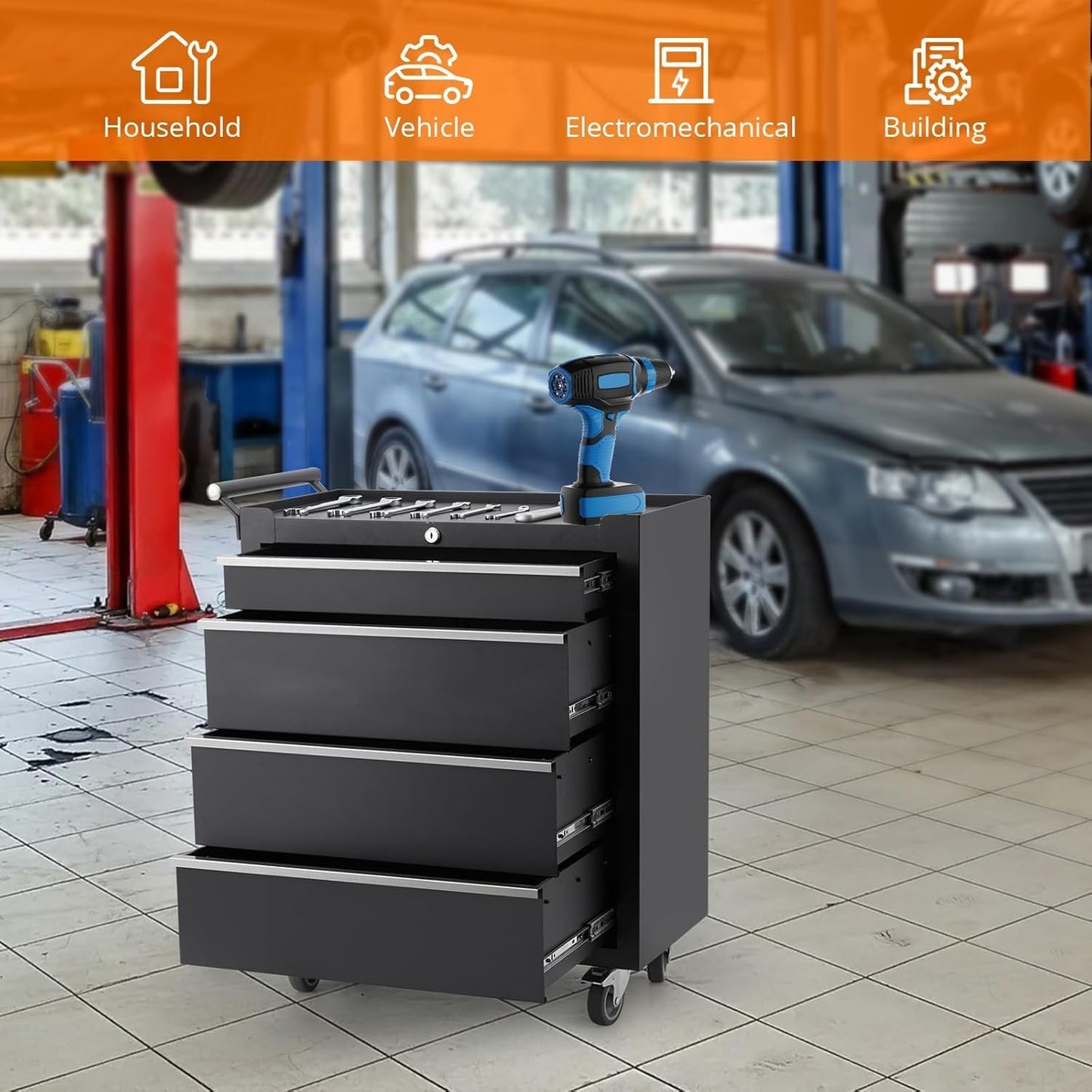 MOVECOM 4-Drawer Tool Chest Cabinet with Wheels,Rolling Metal Tool Cart with Sliding Drawers and Protective Liner for Garage,Workshop