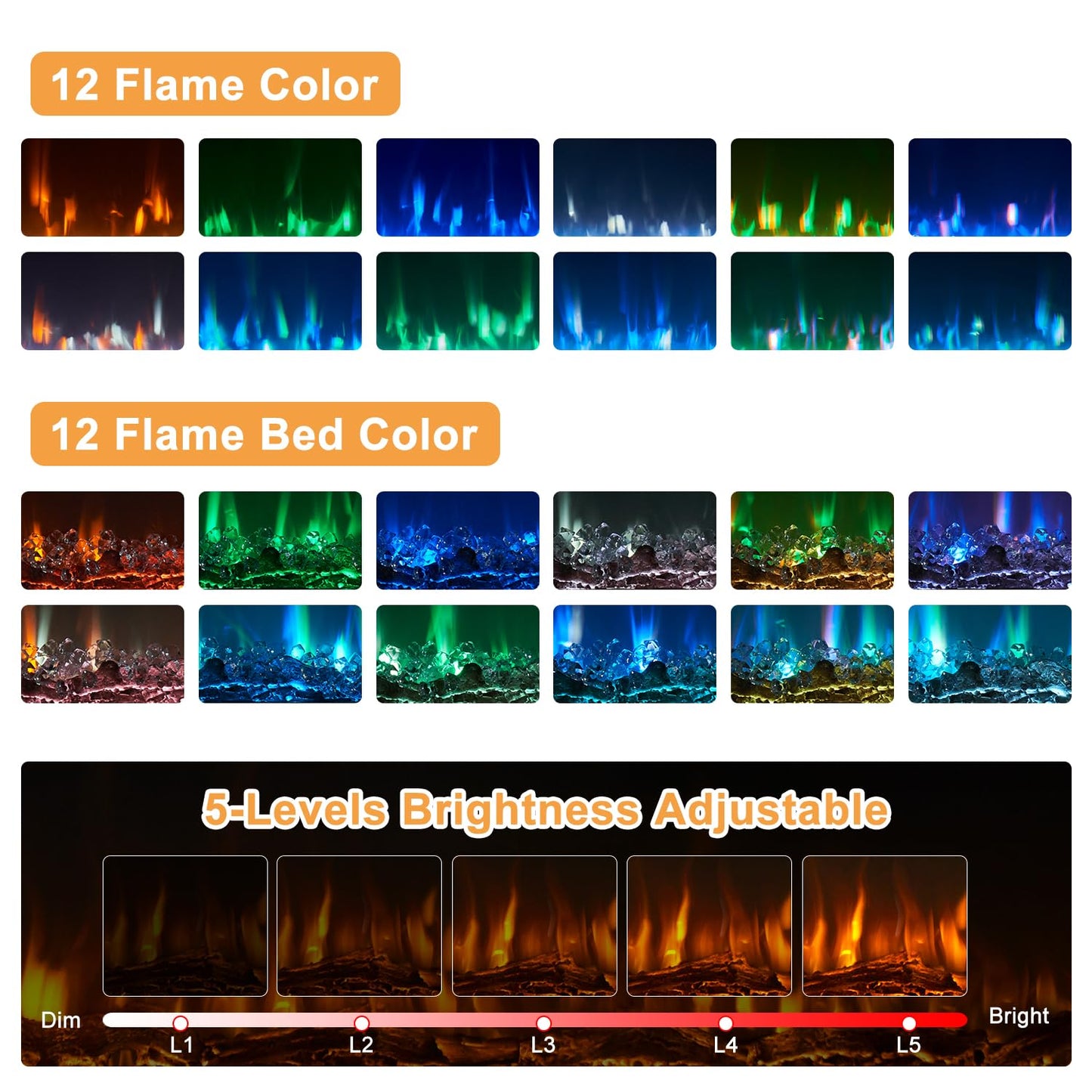 OneBlis Electric Fireplace, 60 inch Wide Recessed/Wall Mounted Electric Fireplace, Remote Control with Timer 12 Adjustable Color Flame, Remote Control, Log Set & Crystal