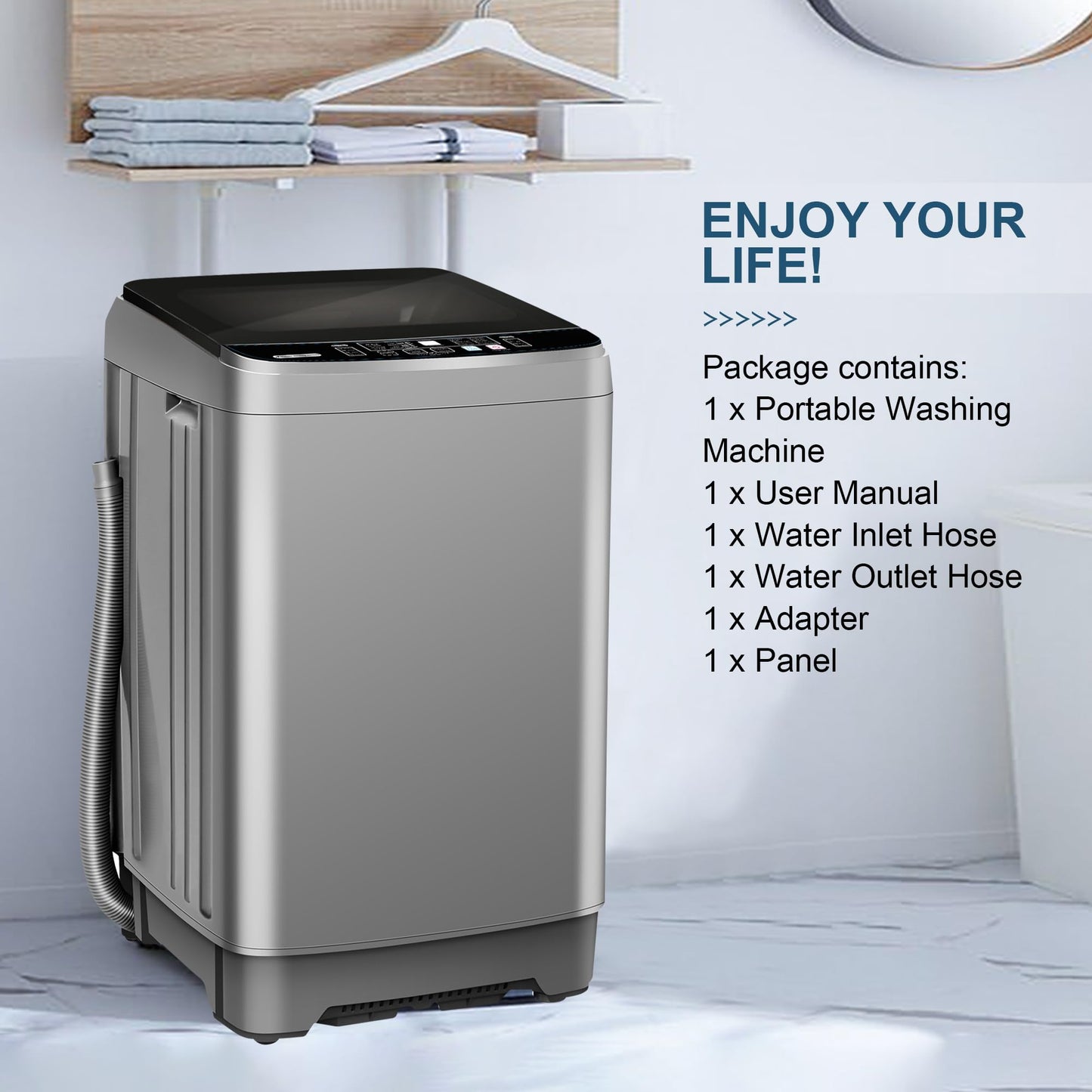 20lbs Portable Washing Machine, Fully Automatic Laundry Washer with LED Display, 10 Programs & 8 Water Levels, Top Load Clothes Washer for Apartment, Dorm, Grey