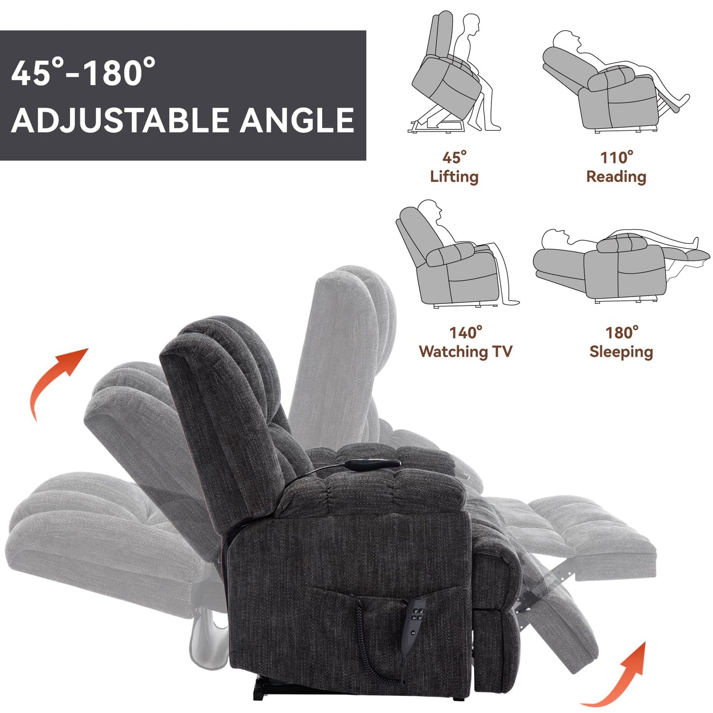 GDFStudio Dual Motor Power Lift Recliner Chair with Massage and Lumbar Heat, Heavy Duty Electric Reclining Chair with Remote Control, Supports Up to 350 LBS, Grey