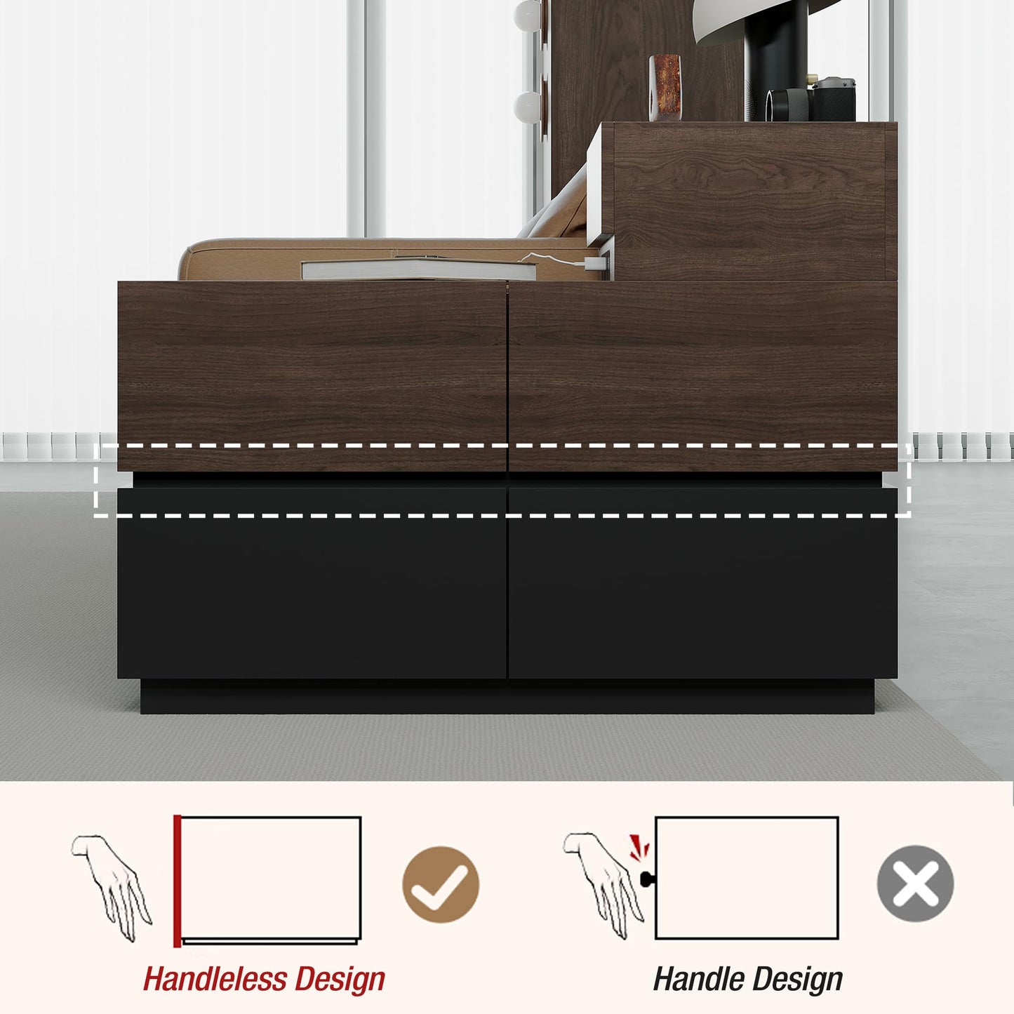 Modern Sofa Side Cabinet, Side Table with USB Interface and Power Outlet, Walnut Wood Living Room Bedroom Side Cabinet Modern Bedside Table with Charging Station for Living Room, Bedroom