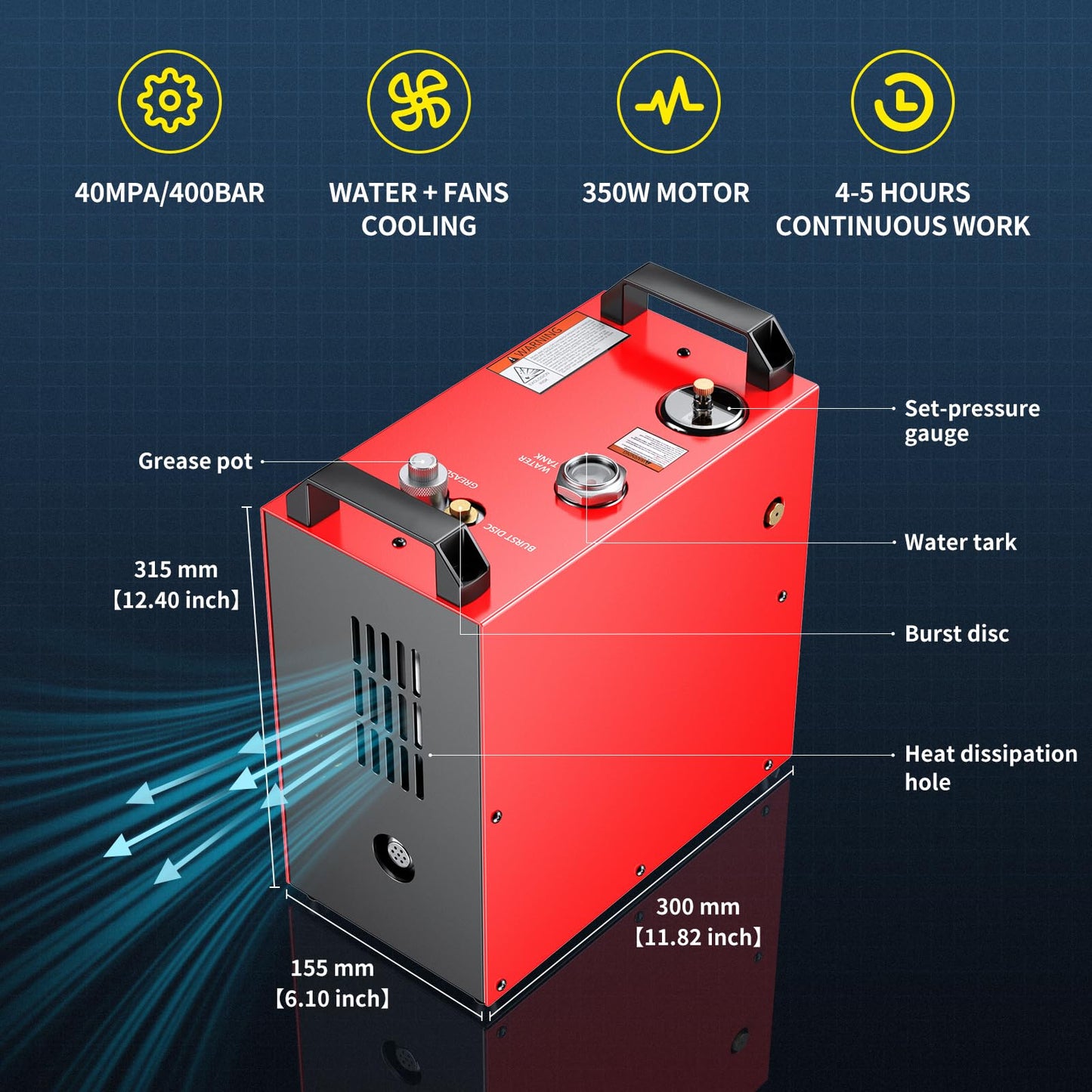 GX PUMP GX-E-CS4-I Portable PCP Air Compressor, 350W Powerful Motor,Max 5800Psi/40Mpa, Built-in Home Converter, Water and Fans Cooling, 5 Hours Continous Work, 12V Auto Stop Paintball Air Compressor