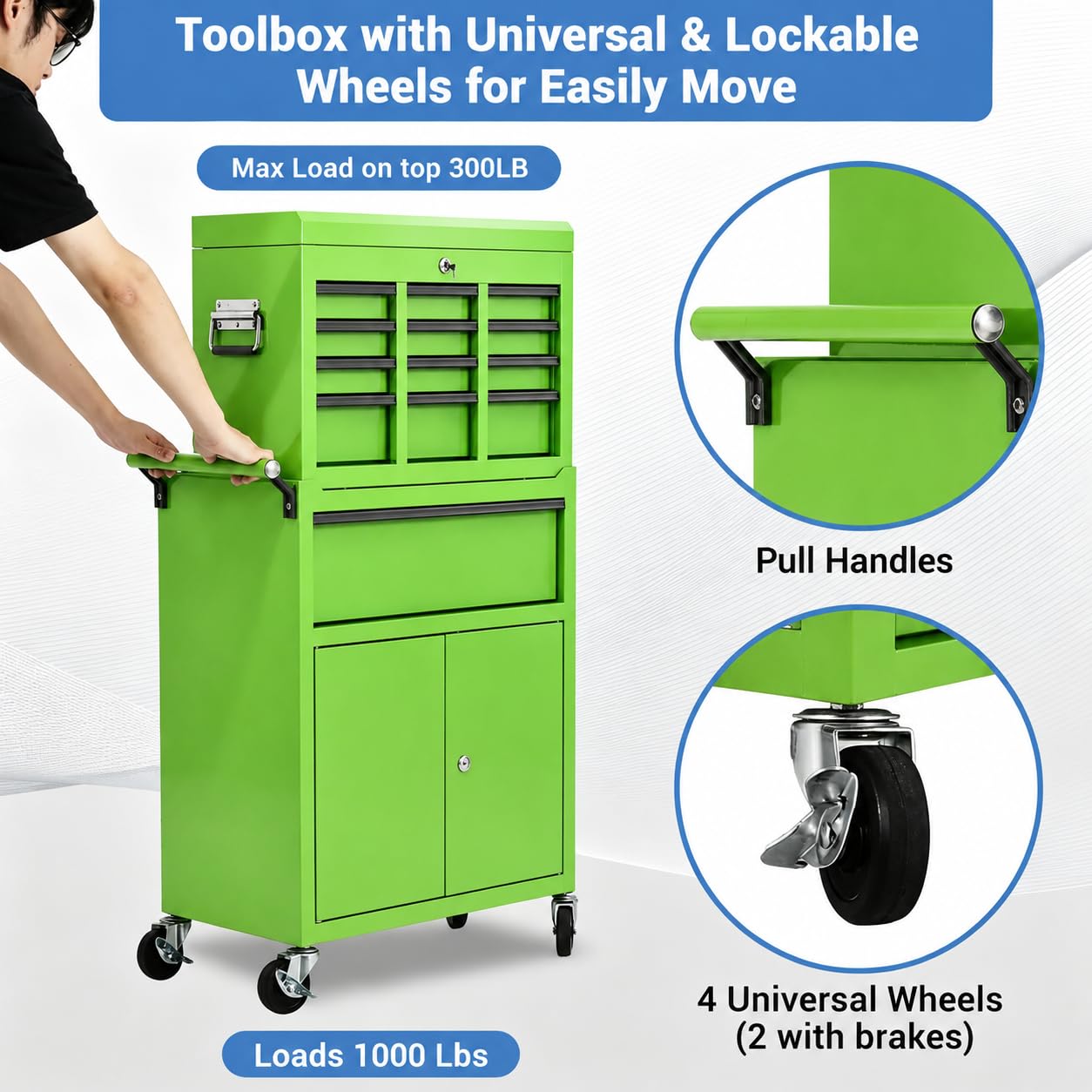 Garvee Large Capacity 20-Inch 5-Drawer Rolling Tool Chest & Cabinet - 2-in-1 Detachable Metal Organizer with Lockable Wheels, Lock Bar, Tool Rack & Liner for Garage & Workshop - Green
