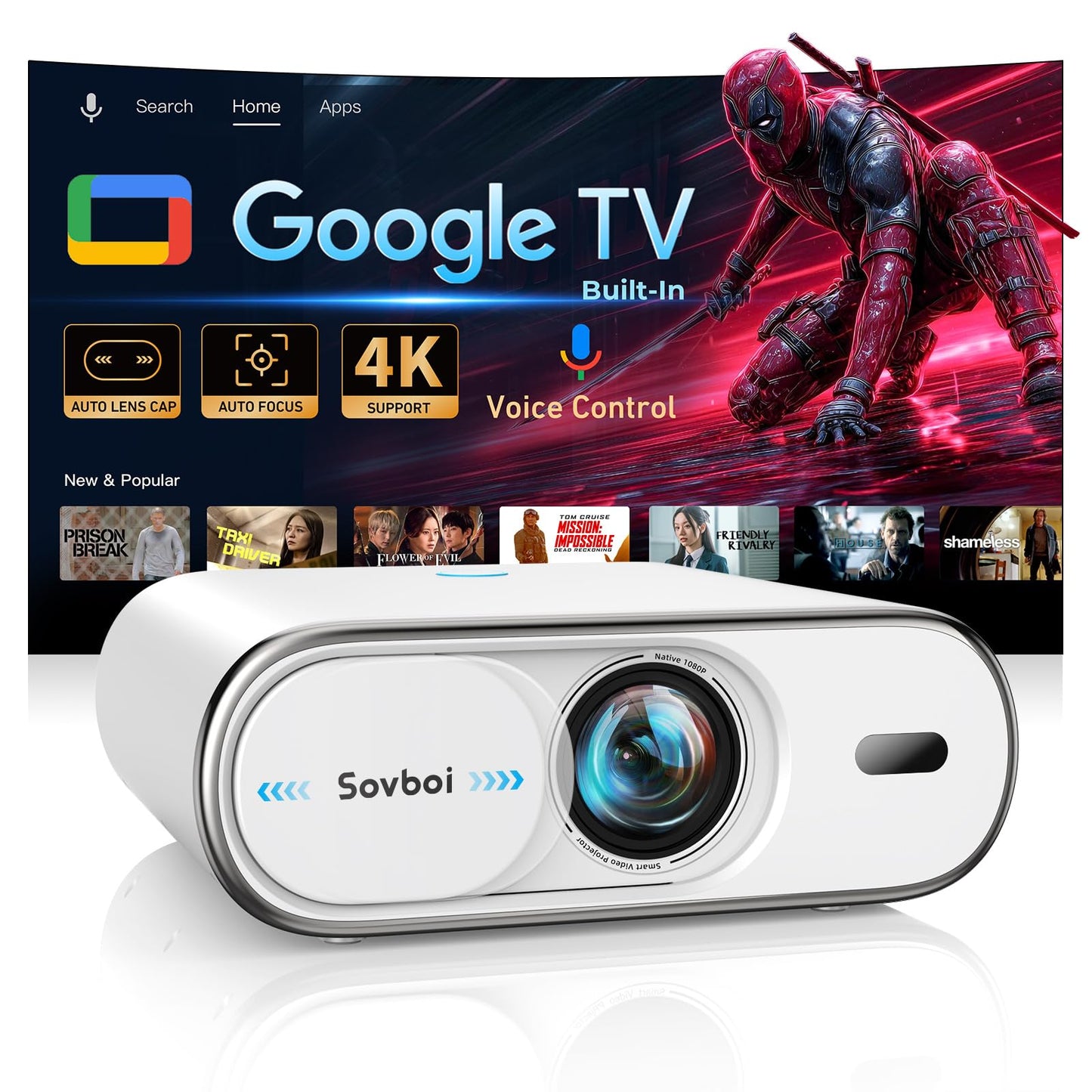 Outdoor-Projector with Google TV:3000 Brightness/Auto Lens Cap & 4D Keystone/Auto Focus & AI Voice Control, Sovboi Portable-Projector with WiFi & Bluetooth, Smart Movie Proyector for Streaming Apps