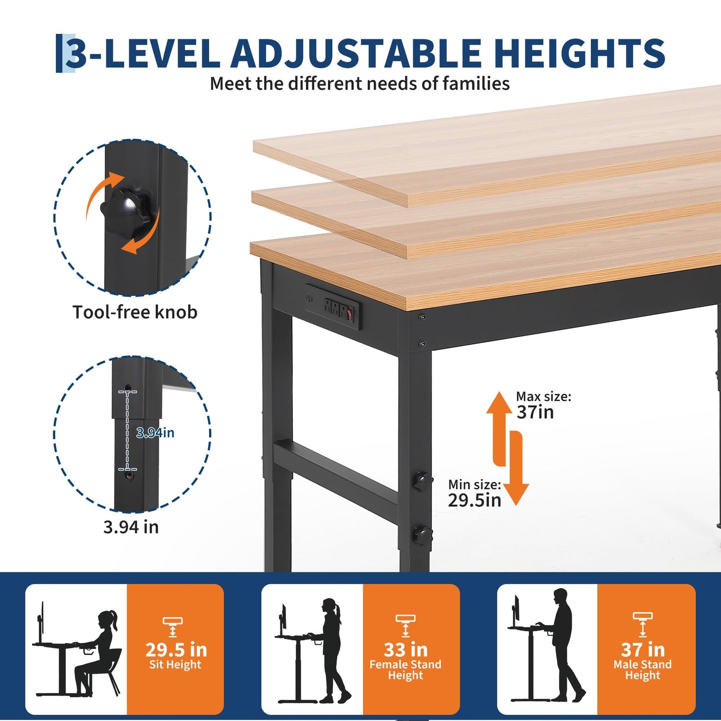 48" Workbench for Garage,2200 lbs Capacity, Adjustable 29.5"-37",4 Wheels