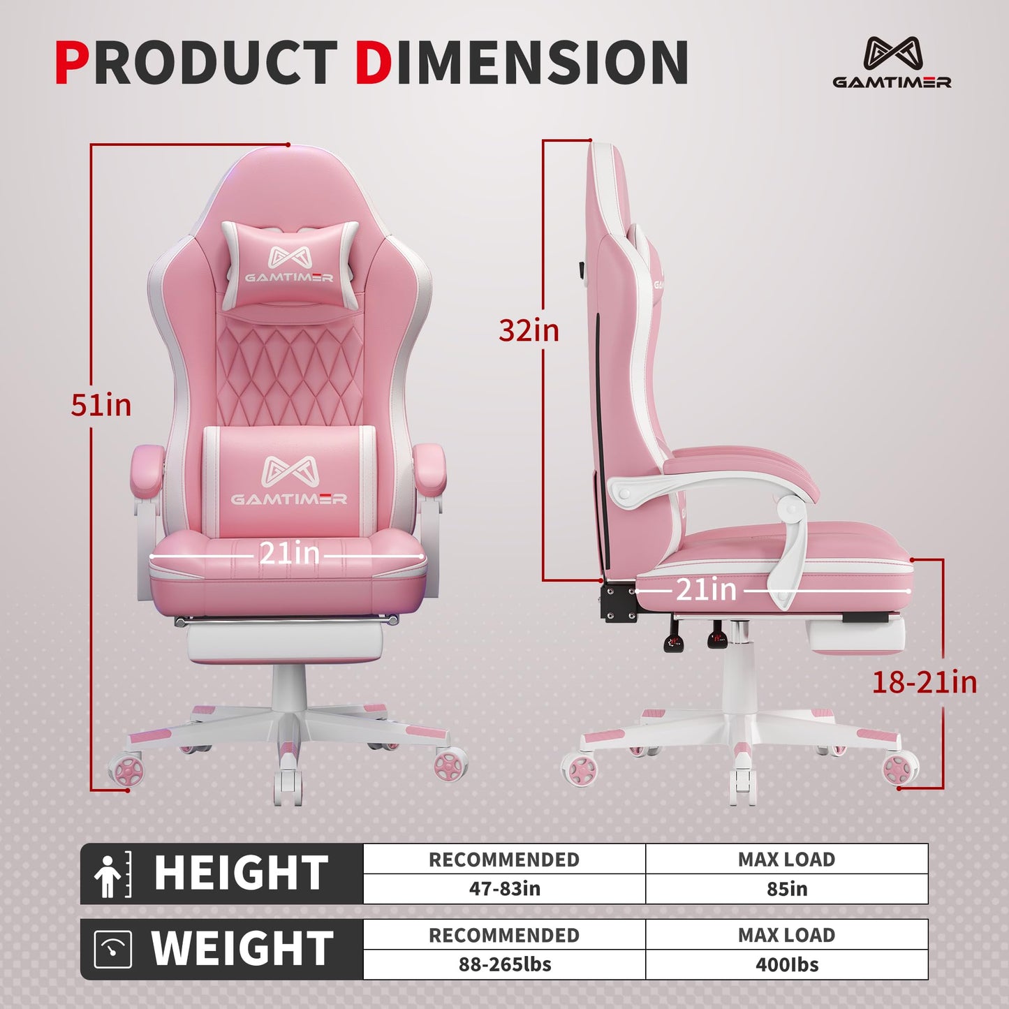 Gamtimer Gaming Chair with Footrest, Ergonomic Computer Chair, PU Breathable Material with Headrest and Lumbar Support, Suitable for Silla Gamer and Adults(Pink)