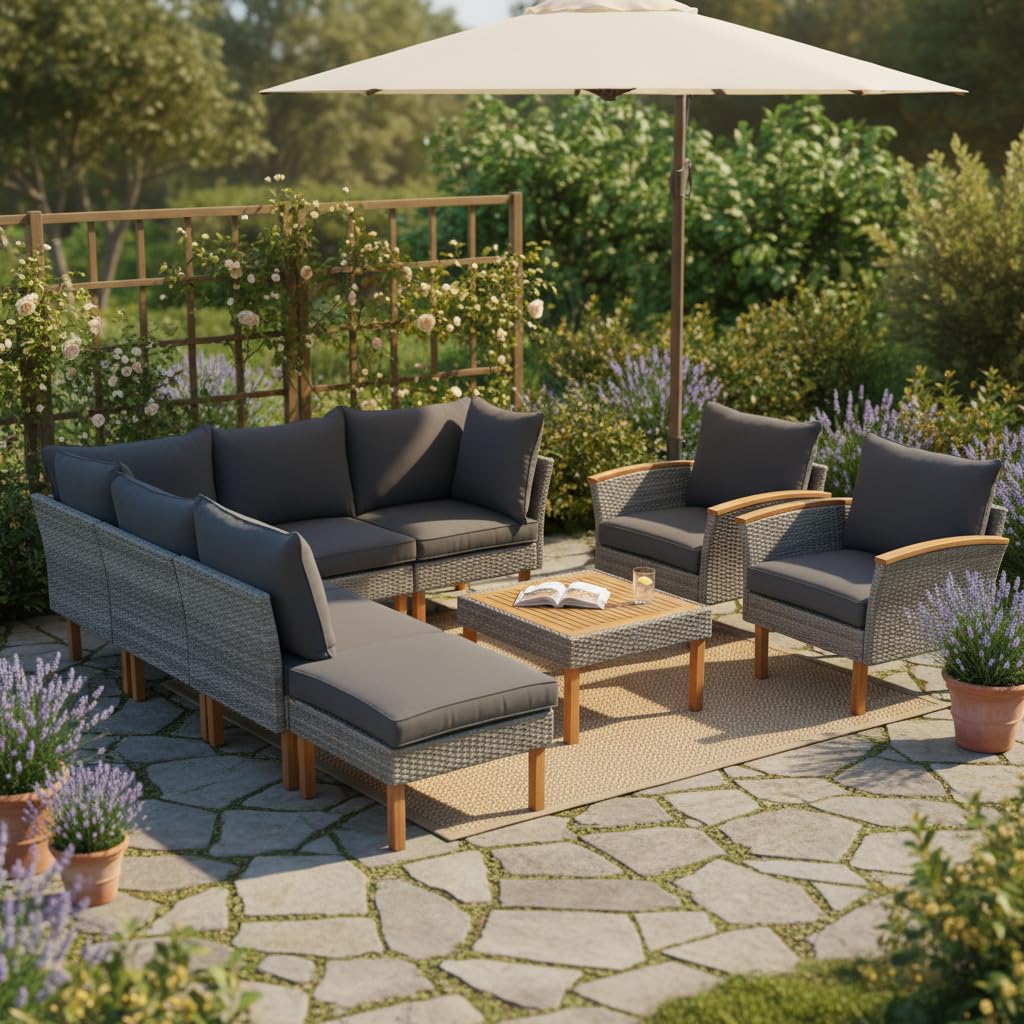 9 Piece Patio Rattan Furniture Set with Acacia Wood Legs, Outdoor Sectional Conversation Seating with Coffee Table, PE Wicker Modular Sofa with Washable Cushions for Backyard, Garden, Deck, Poolside