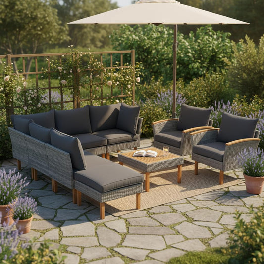 9 Piece Patio Rattan Furniture Set with Acacia Wood Legs, Outdoor Sectional Conversation Seating with Coffee Table, PE Wicker Modular Sofa with Washable Cushions for Backyard, Garden, Deck, Poolside