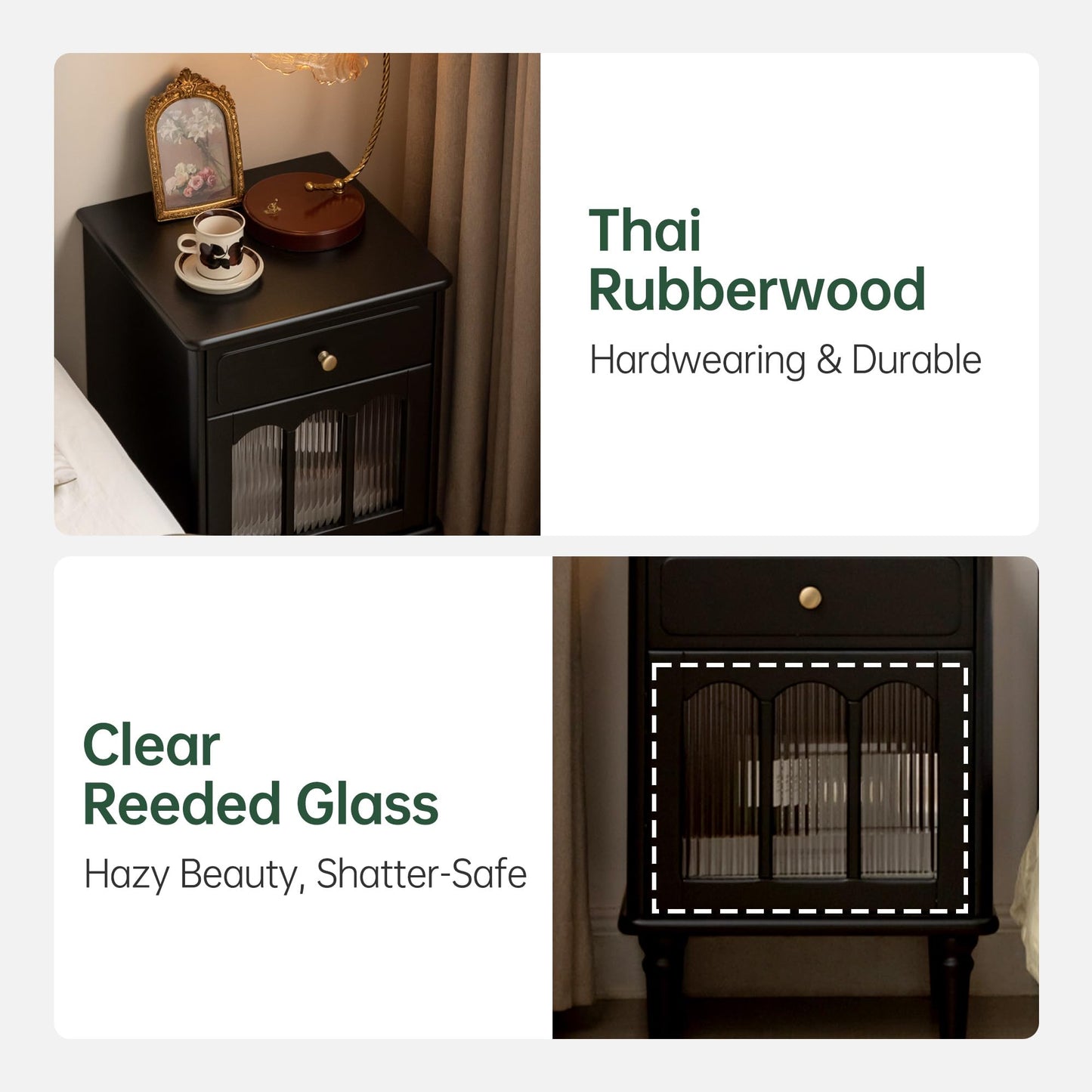 YESWOOD 100% Solid Wood Nightstand with Drawer and Fluted Glass Door – Mid Century Modern Farmhouse Bedside Table, Wooden Storage Cabinet, Black, Right-Opening Door, 15.75" D x 16.54" W x 22.83" H