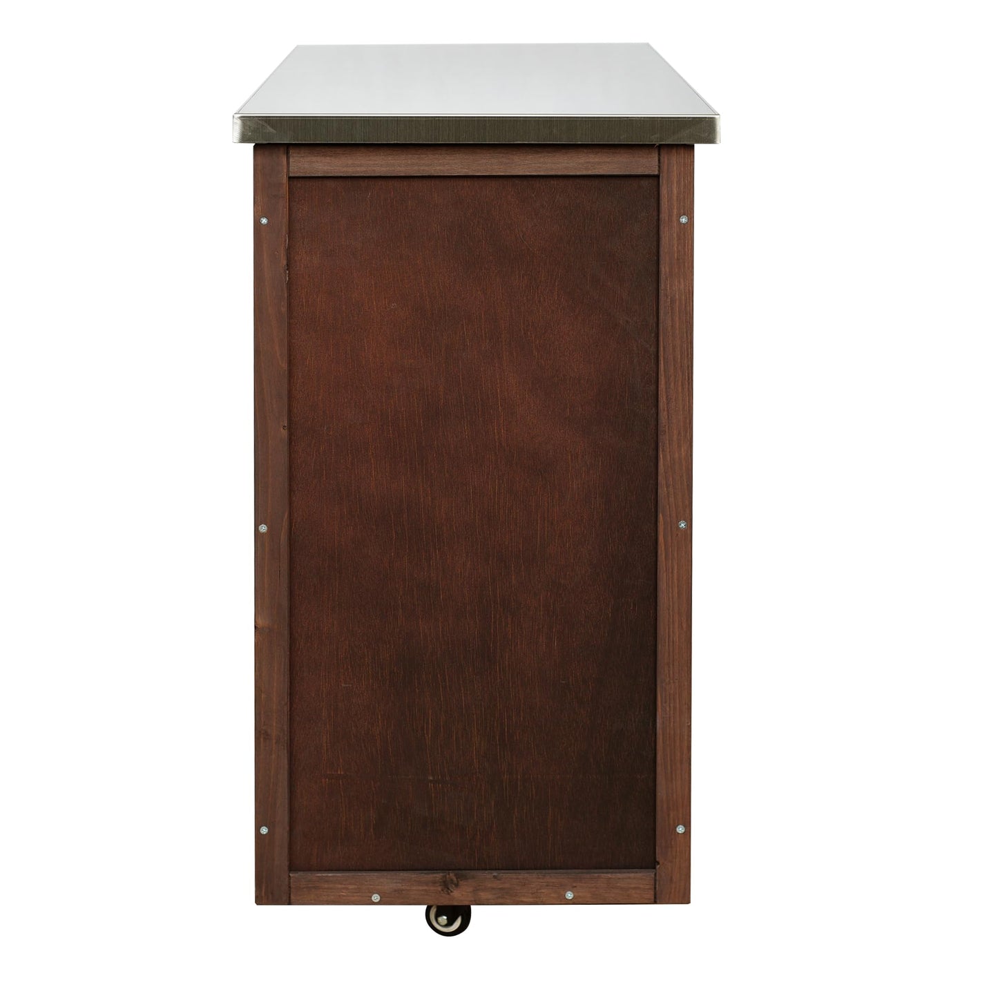 Outdoor Kitchen Island Cart with Stainless Steel Top, Rolling Grill Table with Storage Cabinet Drawer Shelves & Towel Rack, Wooden BBQ Prep Station with Lockable Wheels for Patio Backyard, Dark Brown