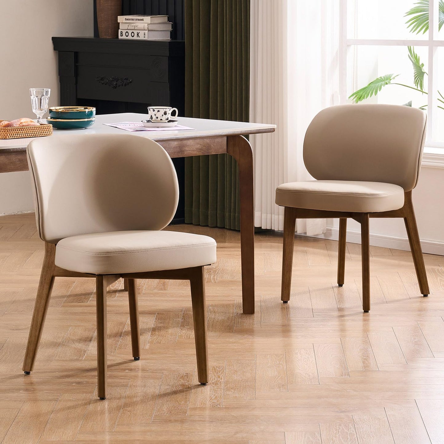 YOUNUOKE Upholstered Dining Chair, Modern PU Leather Dining Room Chair with Wood Legs, Widen Backrest Comfy Armless Side Kitchen Chairs, Khaki (Single Pack)