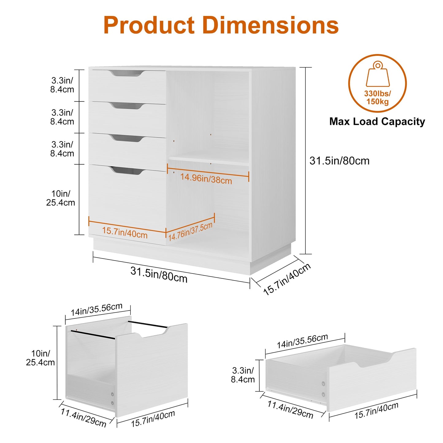 TQVAI 4 Drawer Filing Cabinet Organizer with 2 Open Shelves, Heavy Duty for Storing Letter A4 Size and Printer, Wood Lateral File Cabinets for Home Office, Hanging Files, White, Easy Assembly