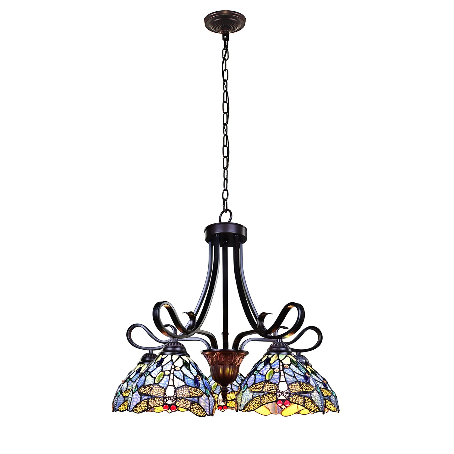Chloe Lighting Dragonfly Tiffany-Style Chandelier, 5 Light, Dark Bronze, 25in Wide, Multicolor, Model CH3T524BD25-DD5