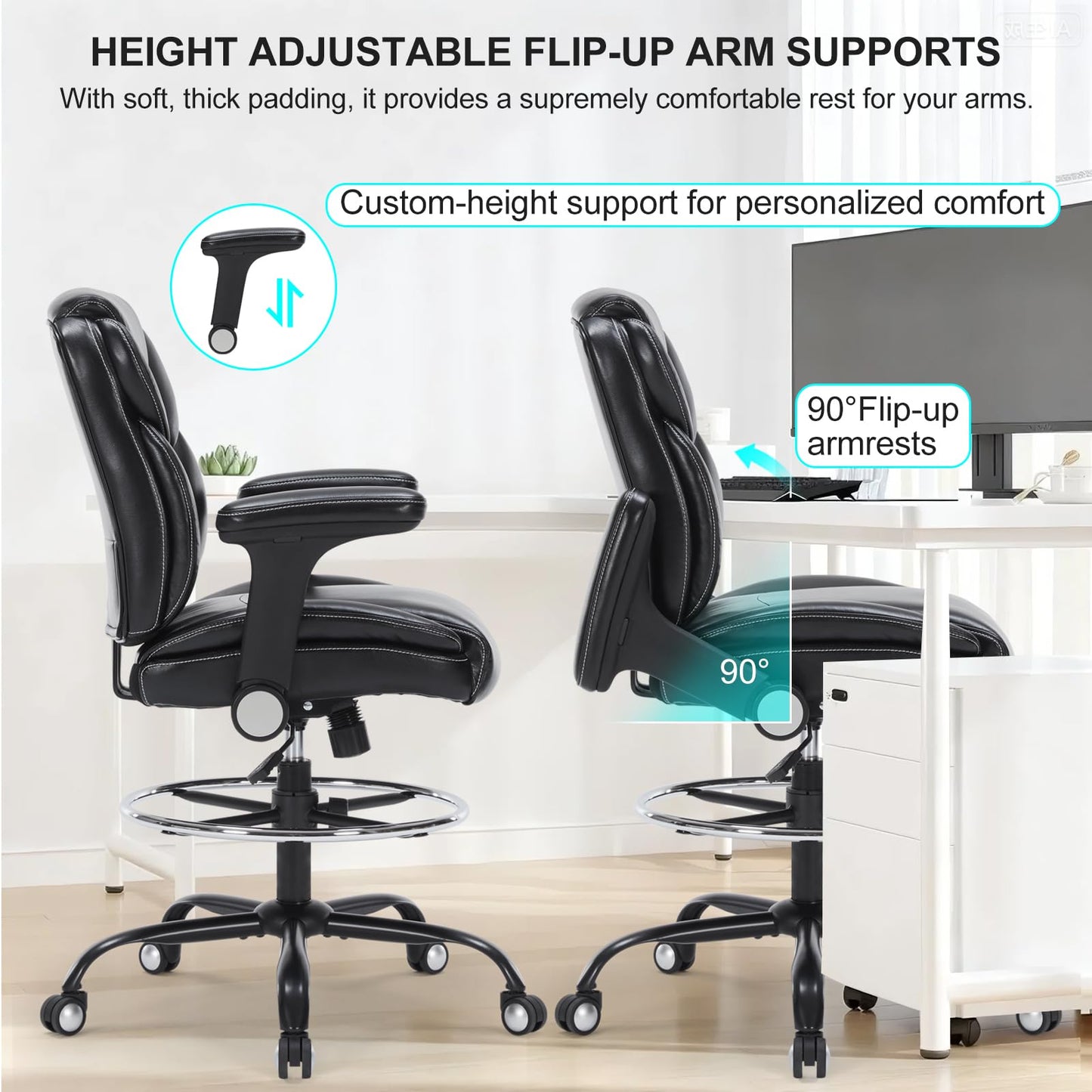 Drafting Chair, Tall Office Chair with Adjustable Armrests Mid-Back Standing Desk Chair with Footrest Ring, PU Leather High Executive Desk Chair Counter Height Office Chair for Home and Office, Black